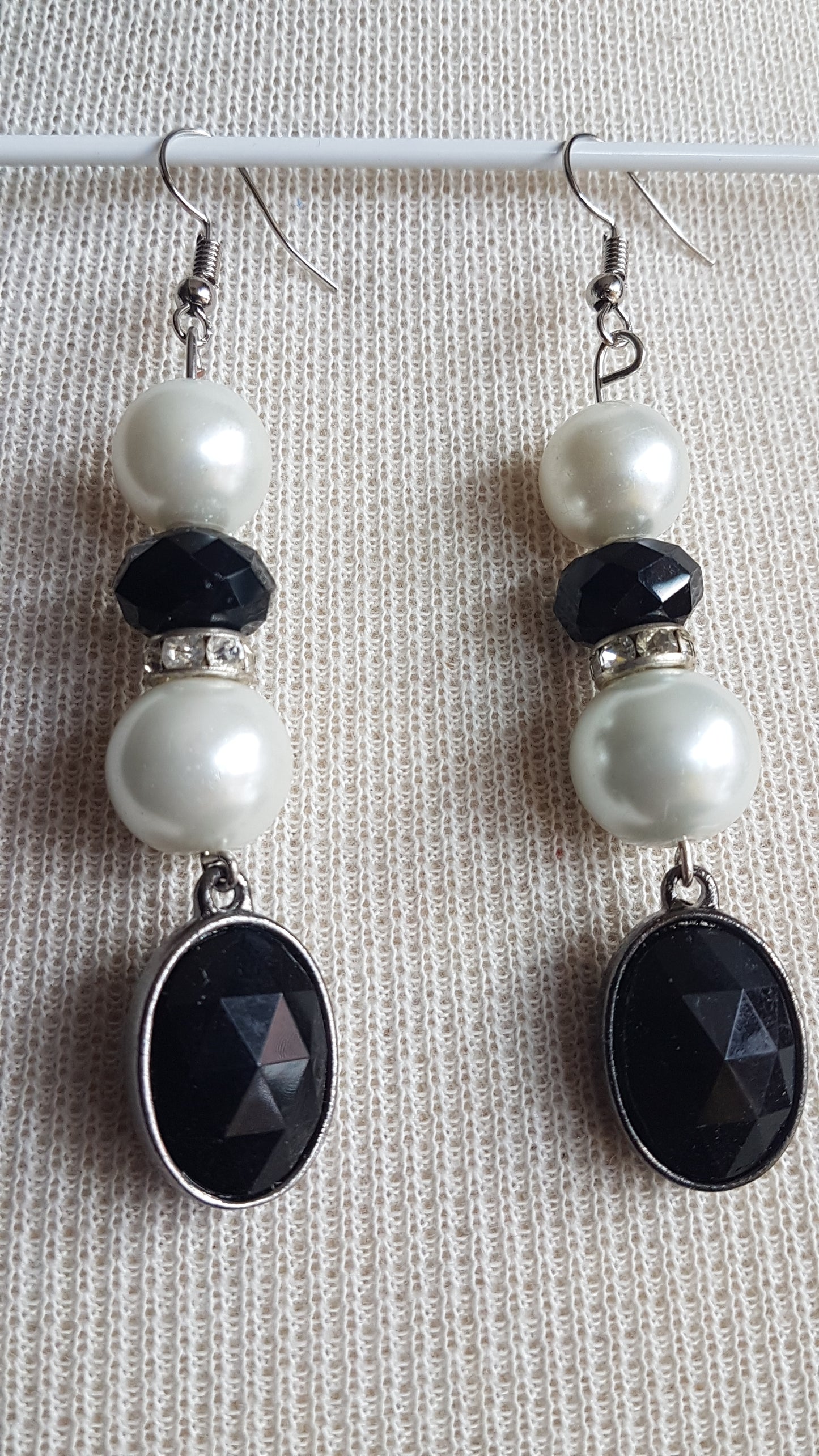 Pearl, Black And Silver Art Deco Style Earrings
