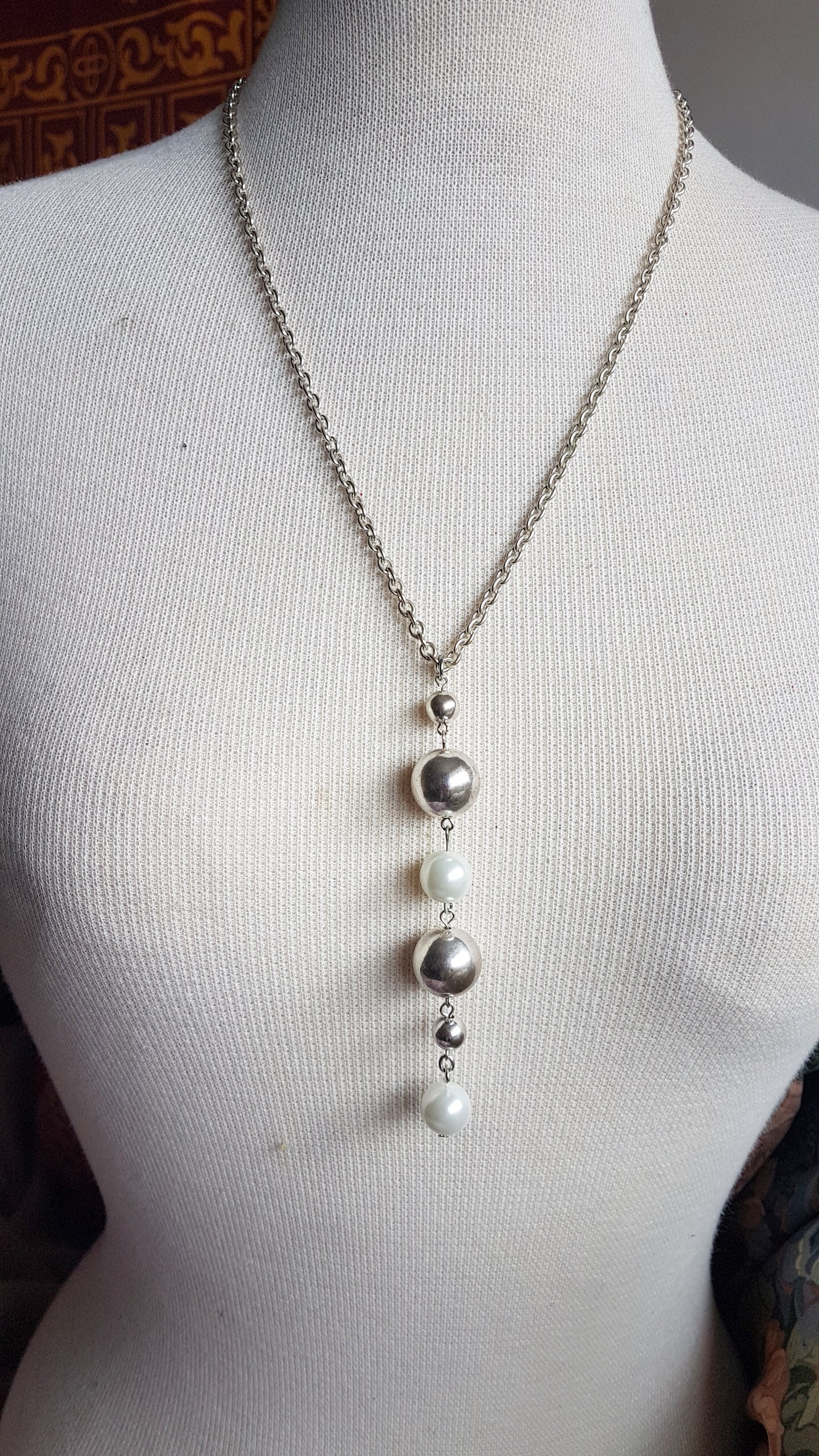 Silver And Pearl Ball Dangle Necklace