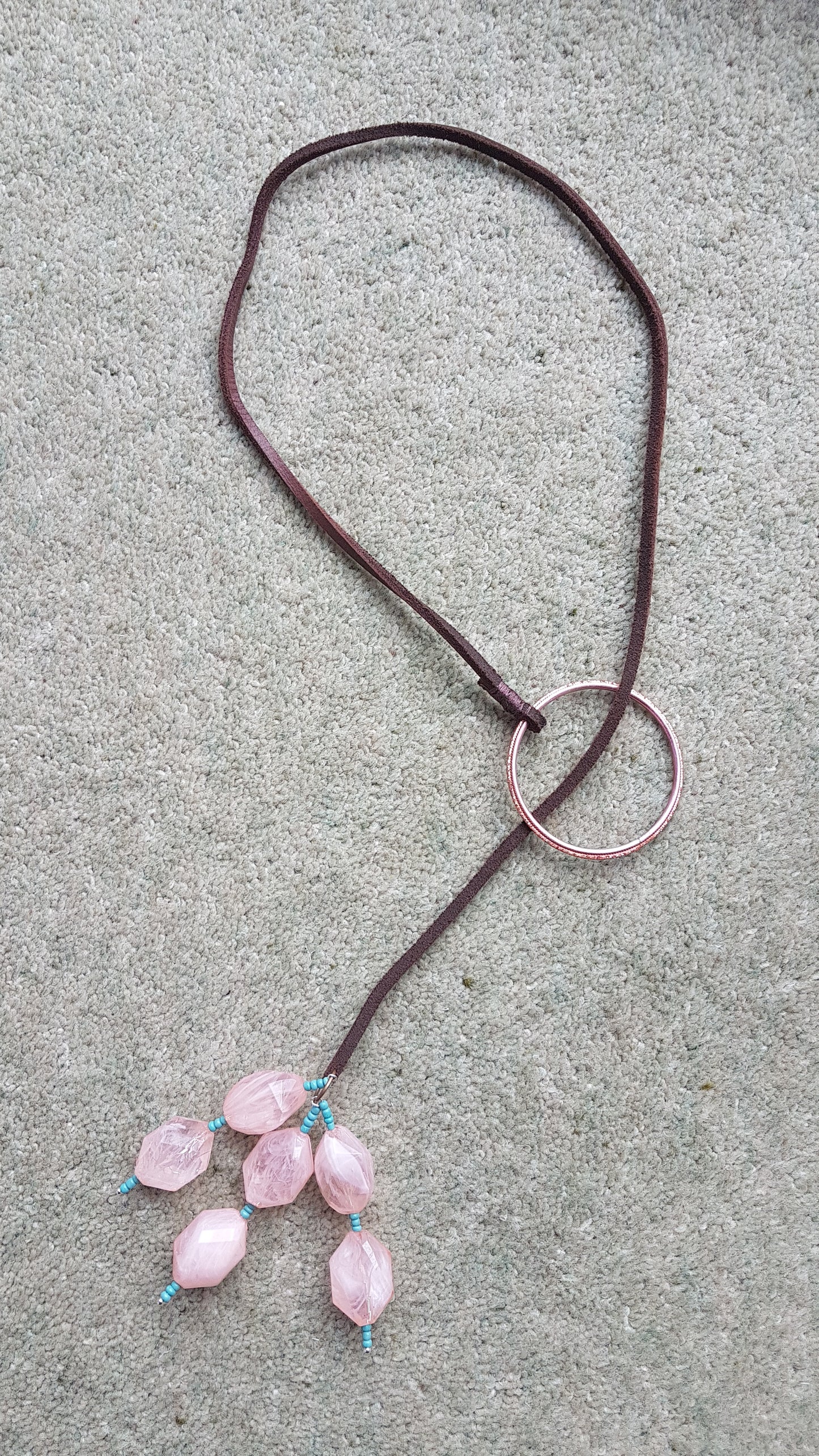 Leather Lasso And Pink Bead Necklace