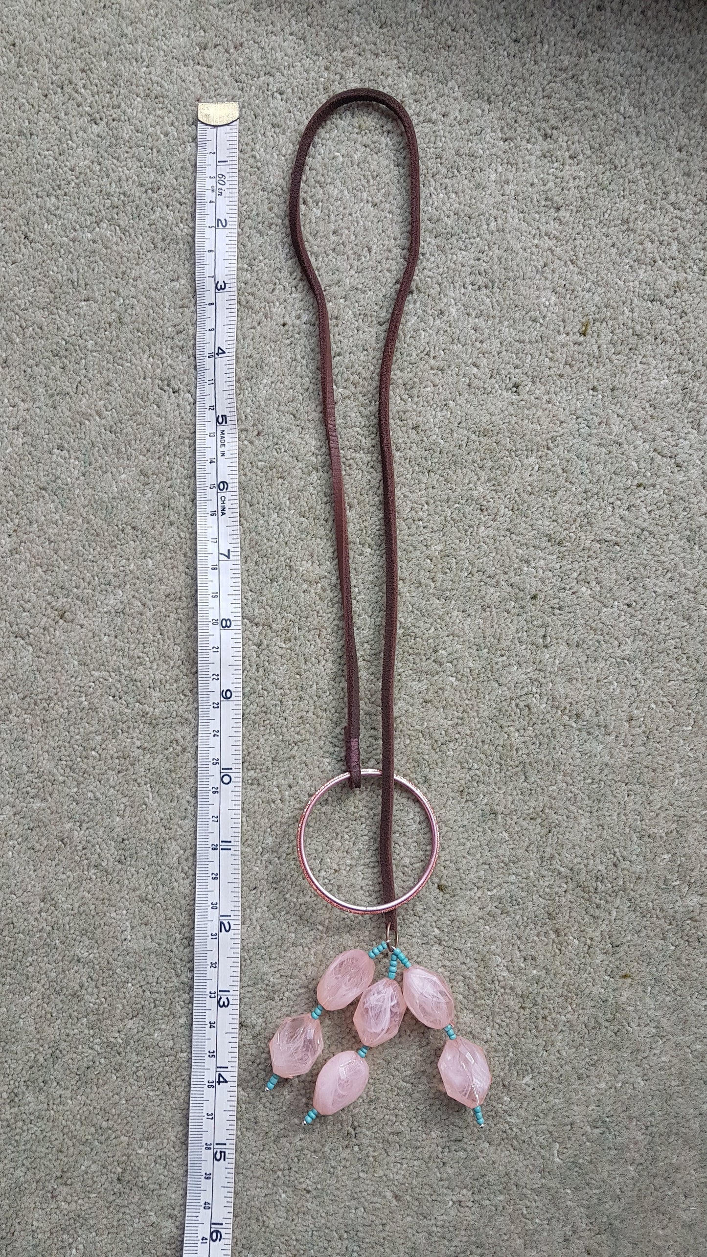 Leather Lasso And Pink Bead Necklace