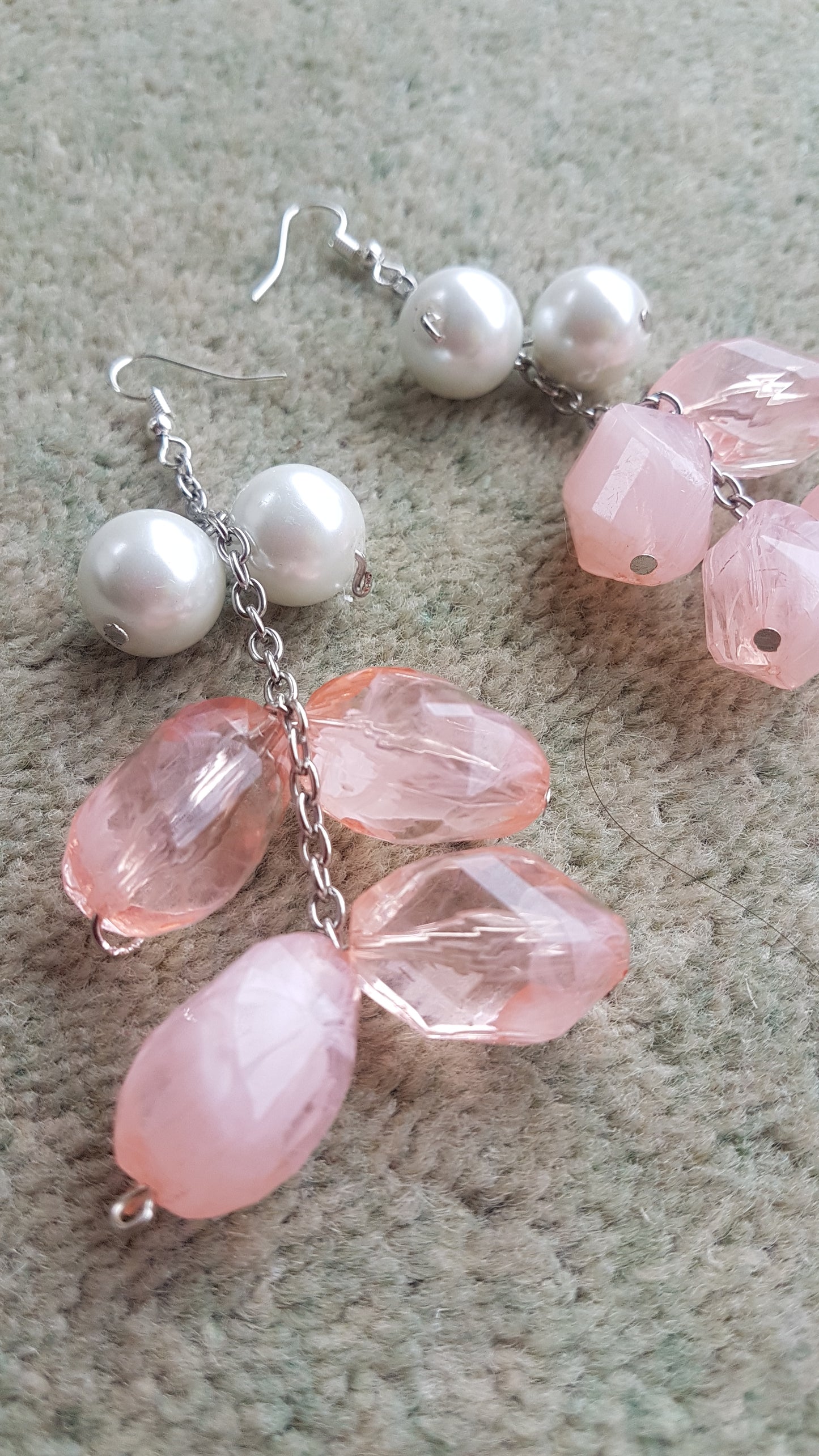 Pink Bead, Pearl And Chain Earrings