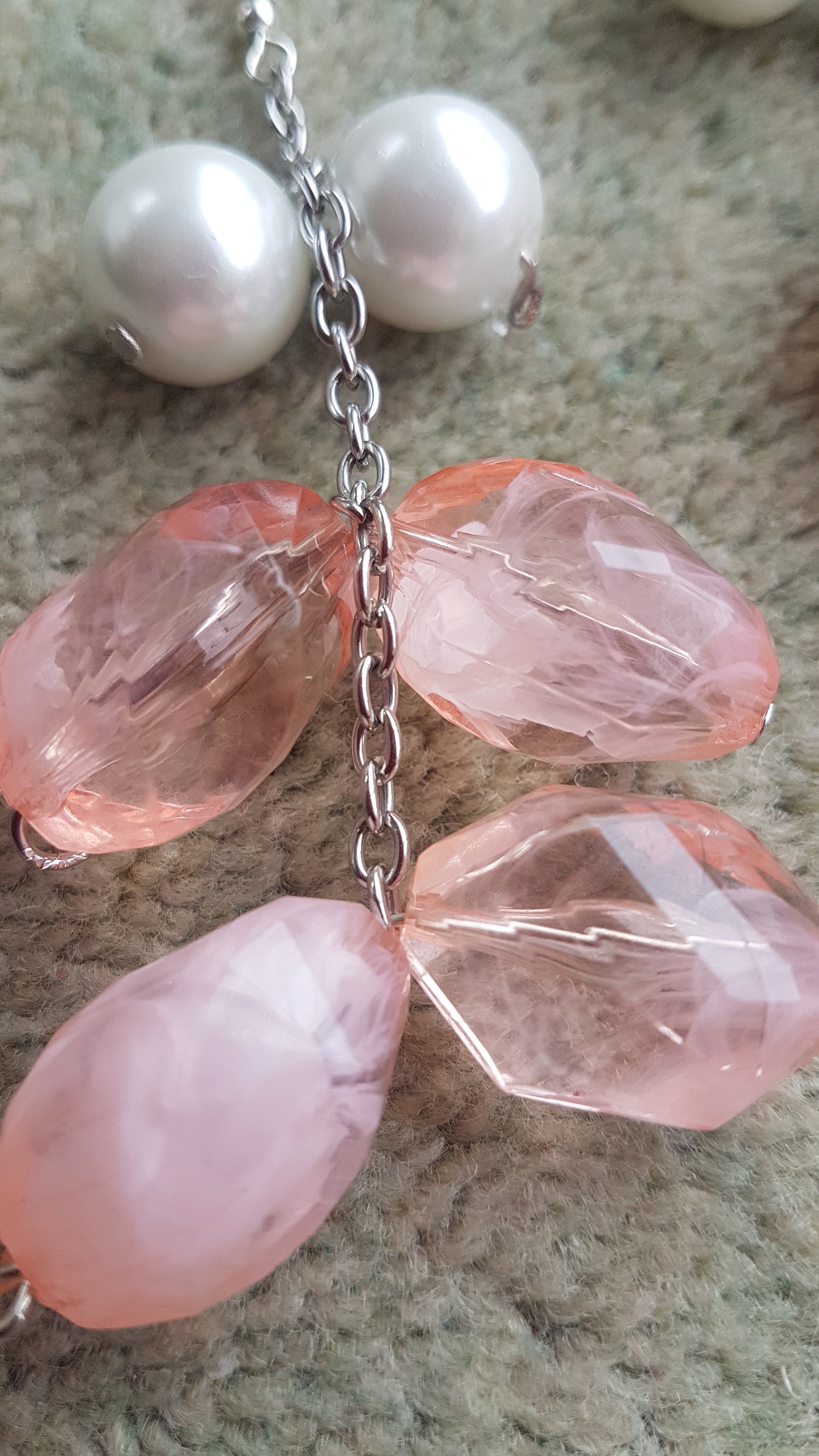 Pink Bead, Pearl And Chain Earrings