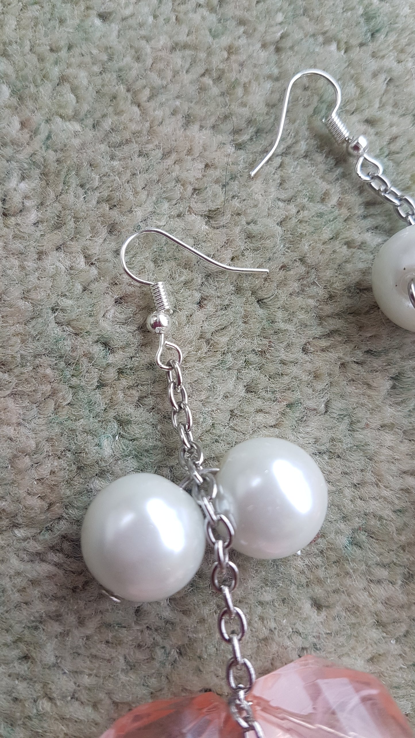 Pink Bead, Pearl And Chain Earrings