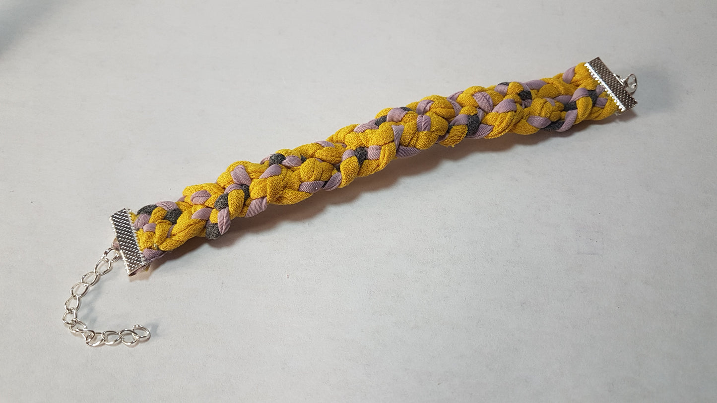 Yellow Pink Grey Braided Three Strand Silver Bracelet