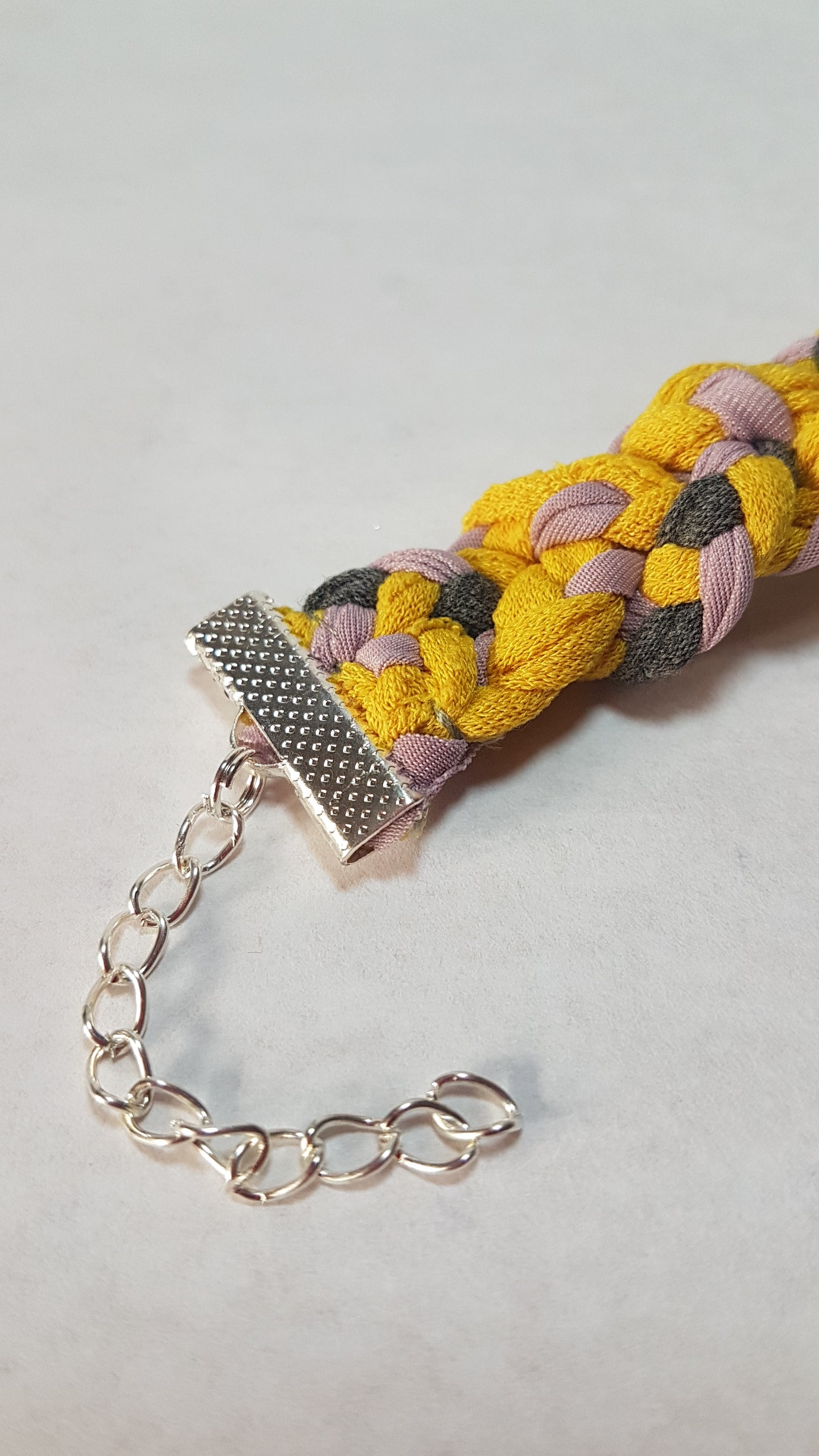 Yellow Pink Grey Braided Three Strand Silver Bracelet