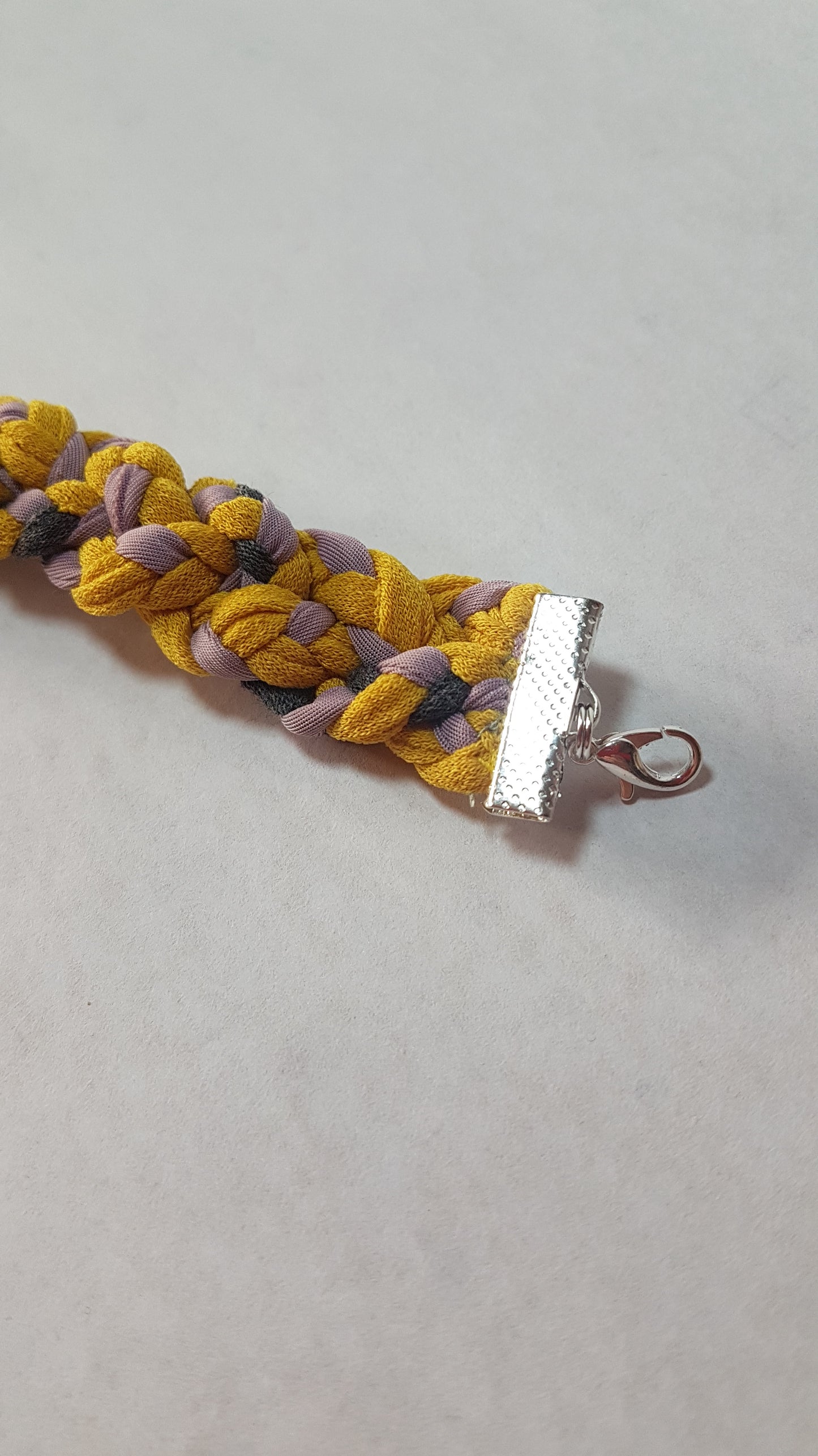 Yellow Pink Grey Braided Three Strand Silver Bracelet