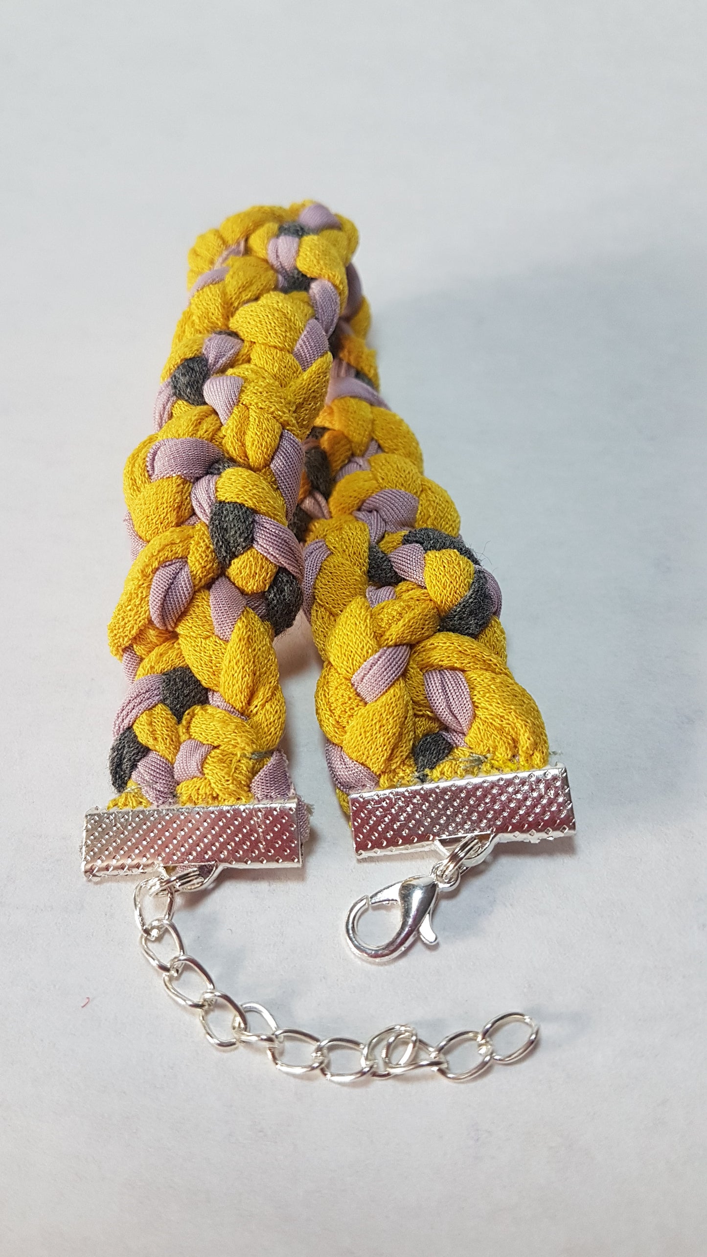 Yellow Pink Grey Braided Three Strand Silver Bracelet
