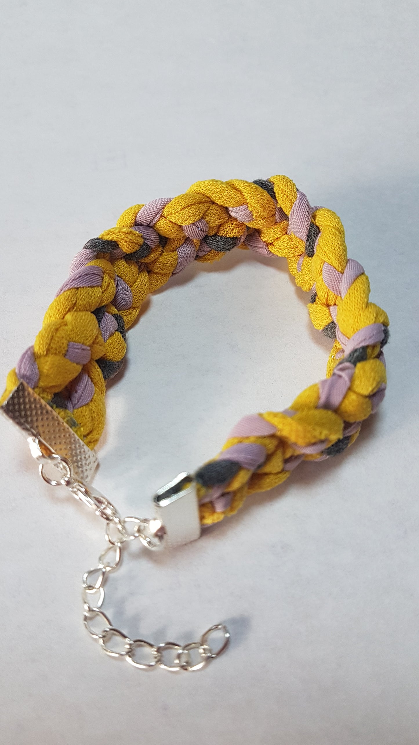Yellow Pink Grey Braided Three Strand Silver Bracelet
