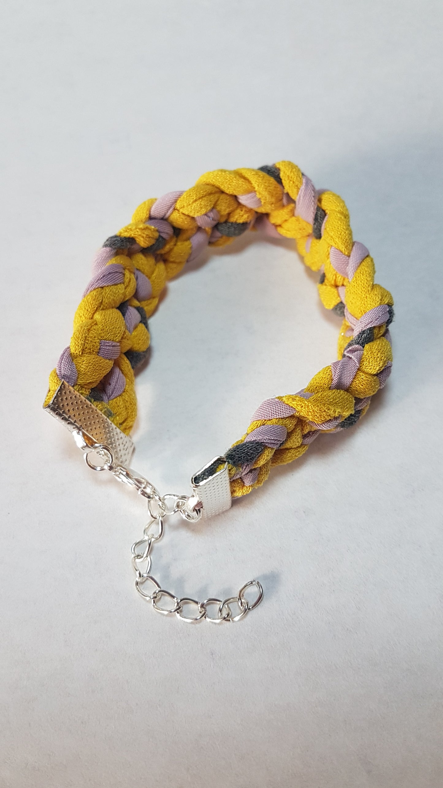 Yellow Pink Grey Braided Three Strand Silver Bracelet