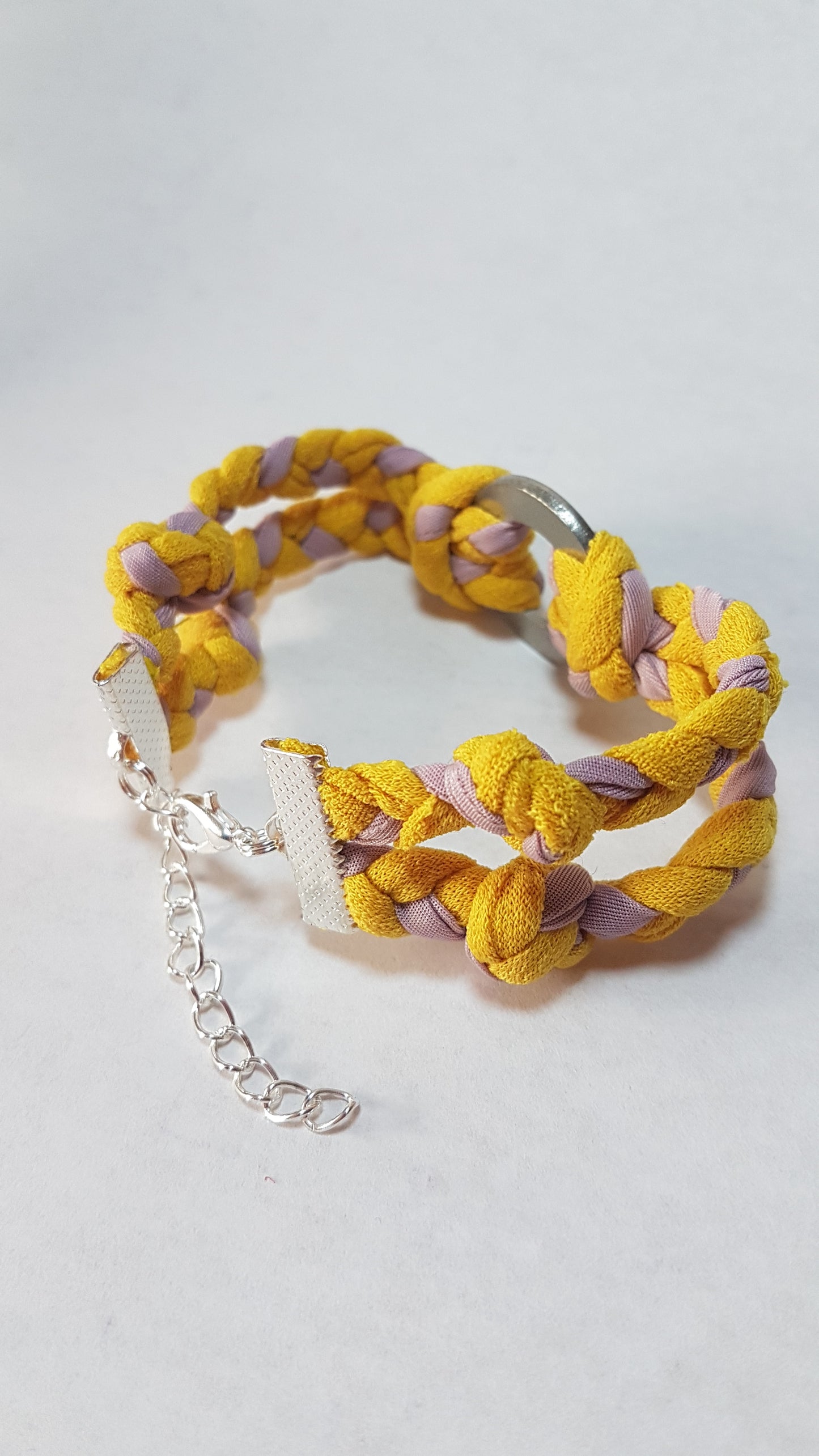 Yellow Pink Braided Two Strand Silver Bracelet