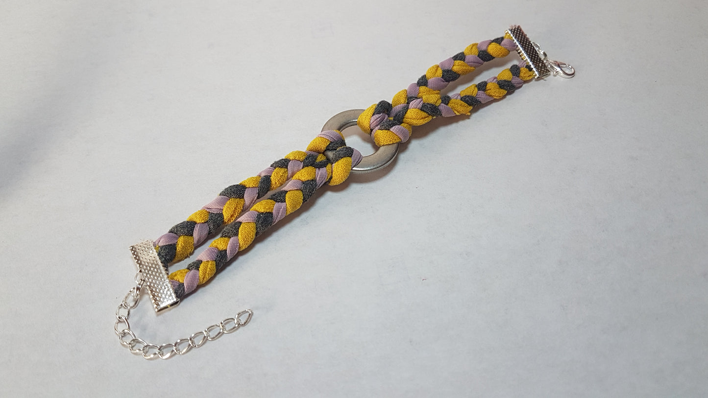 Yellow Pink Grey Braided Two Strand Silver Bracelet