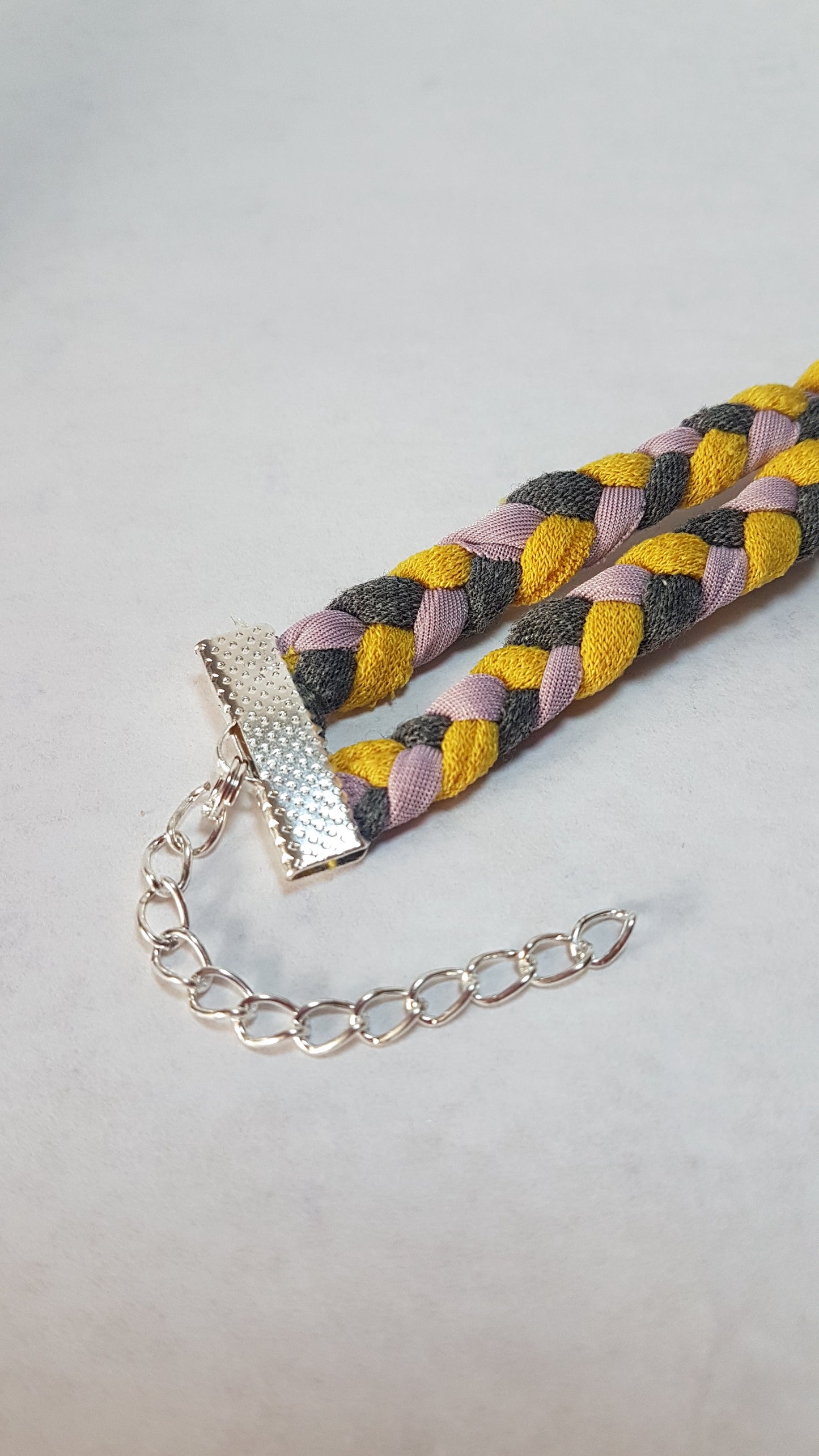 Yellow Pink Grey Braided Two Strand Silver Bracelet