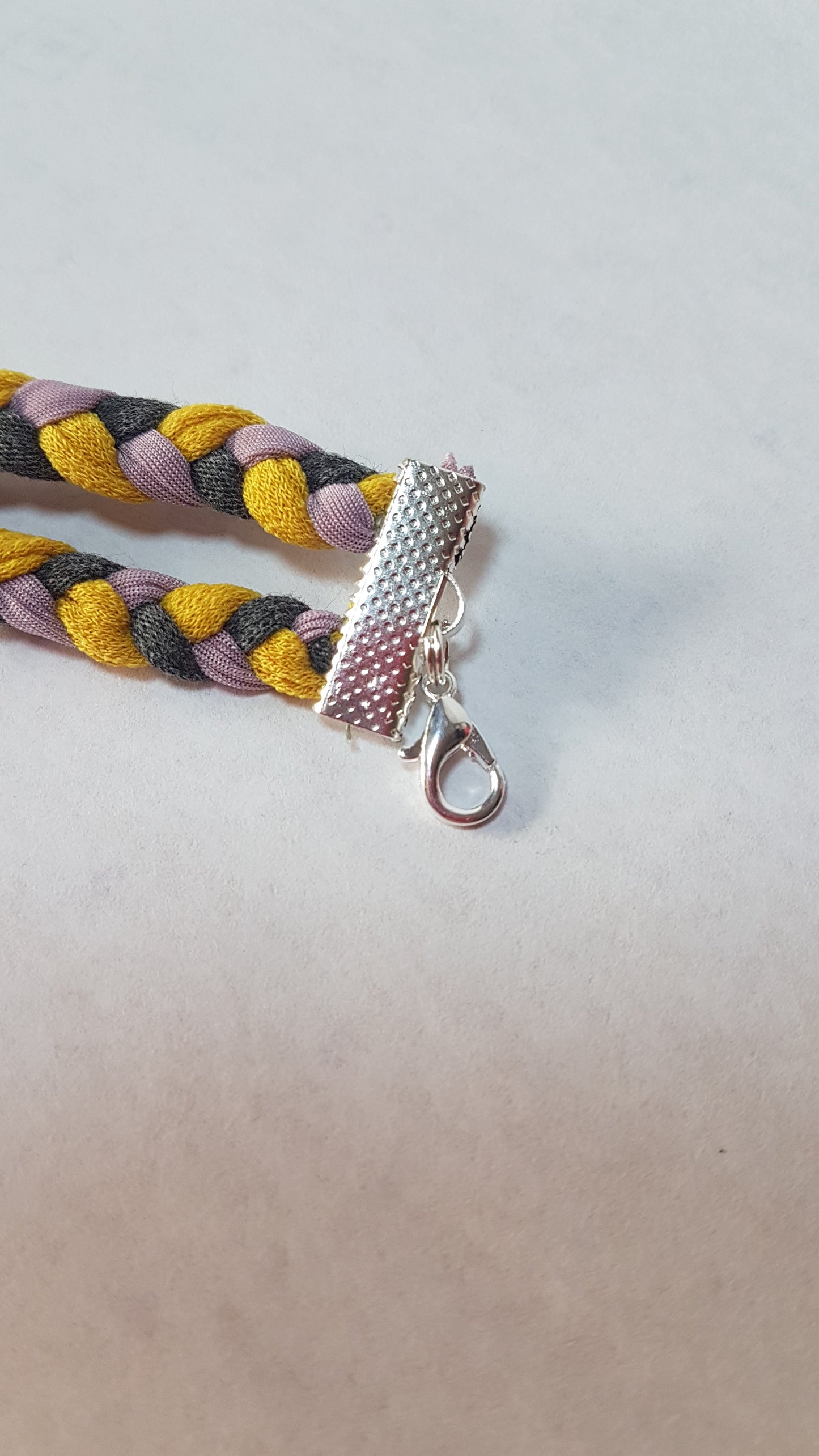Yellow Pink Grey Braided Two Strand Silver Bracelet