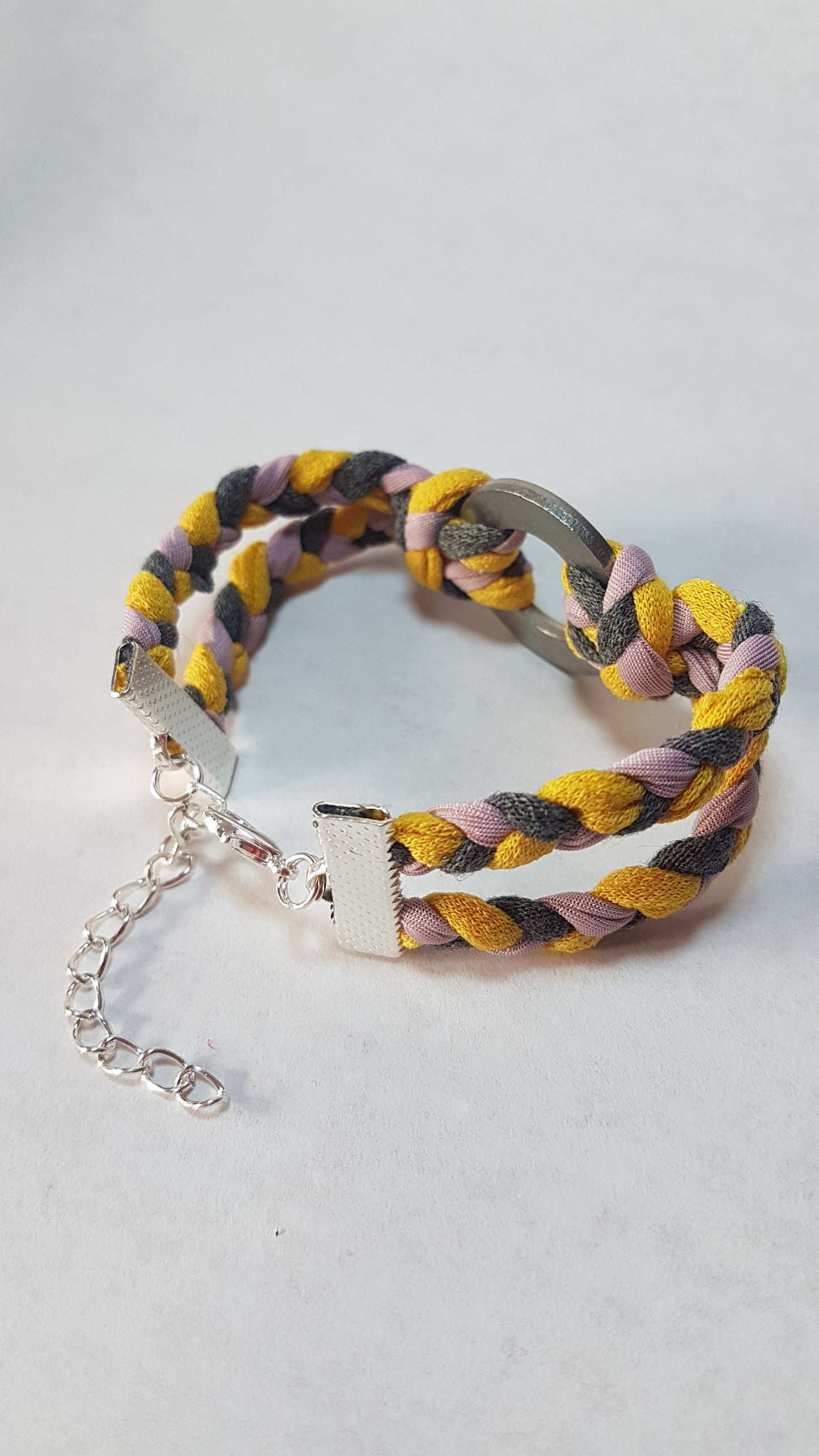 Yellow Pink Grey Braided Two Strand Silver Bracelet