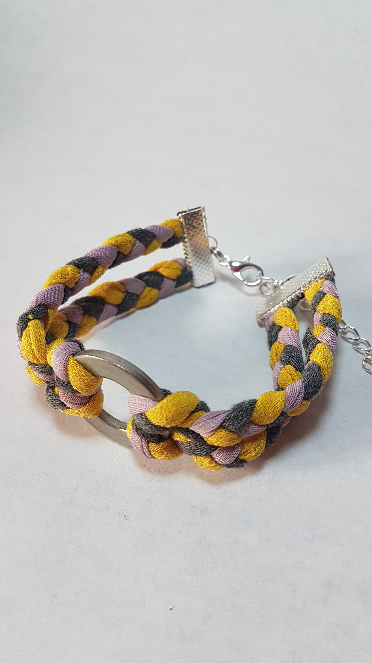 Yellow Pink Grey Braided Two Strand Silver Bracelet
