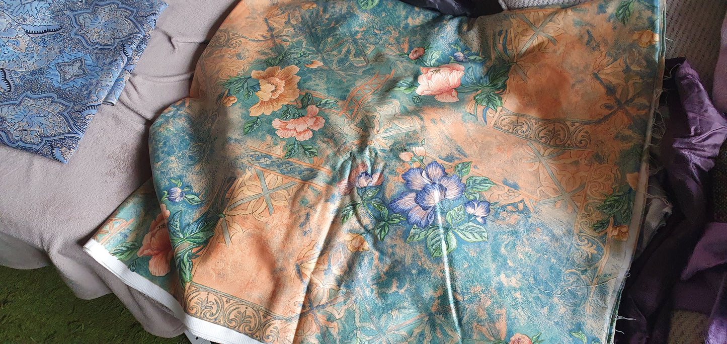 Floral Orange, Green, Blue Fabric Remnants Per Metre