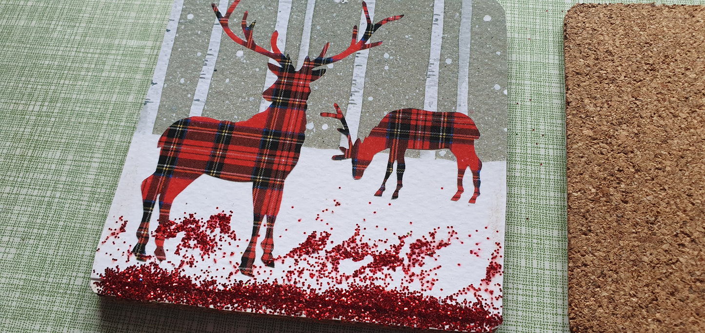 Single Mix And Match Coaster Christmas Winter Red Tartan Deer Glitter Home Decor Gift