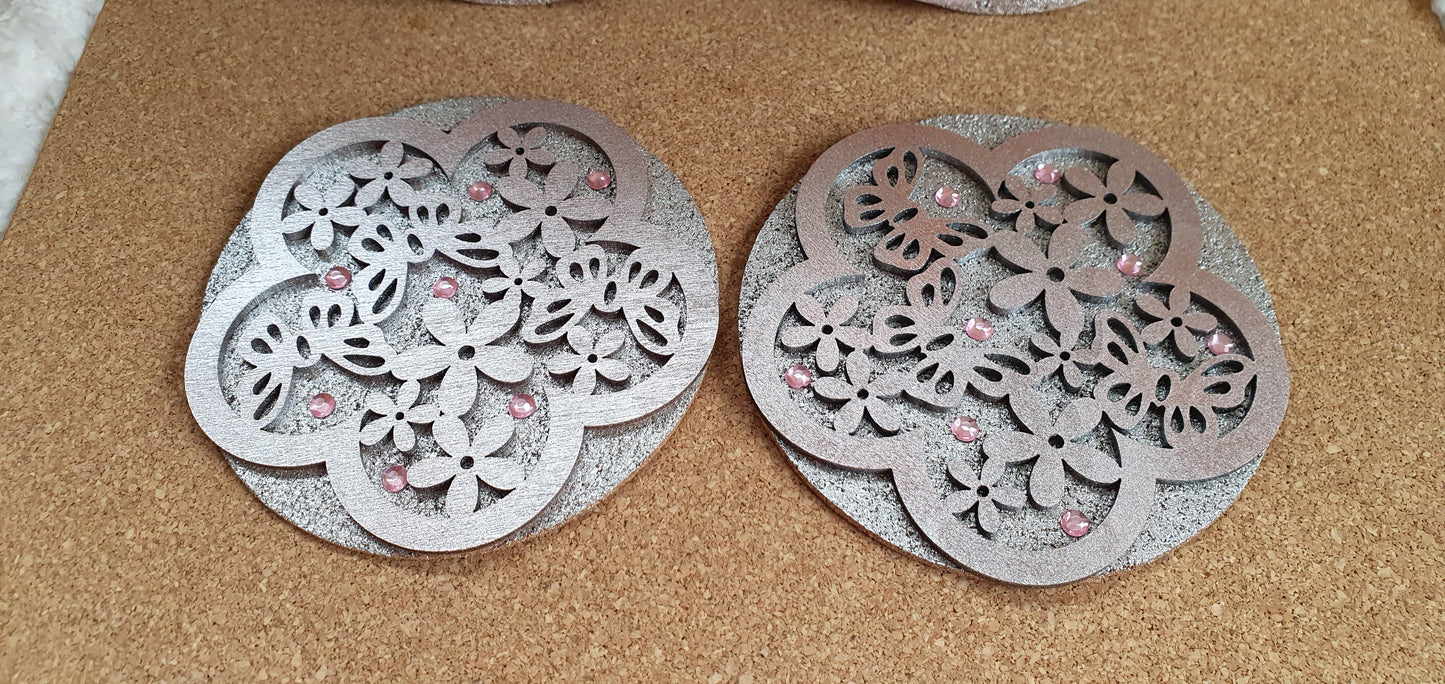Metallic Rose Gold Pink Round Coasters Flowers Butterflies Set Of Four Home Decor Gift