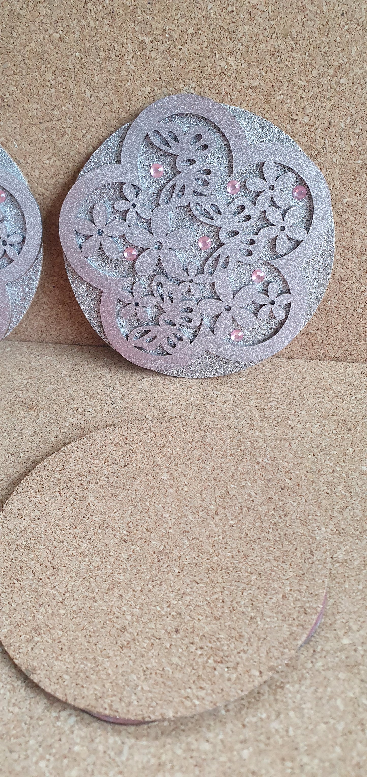 Metallic Rose Gold Pink Round Coasters Flowers Butterflies Set Of Four Home Decor Gift