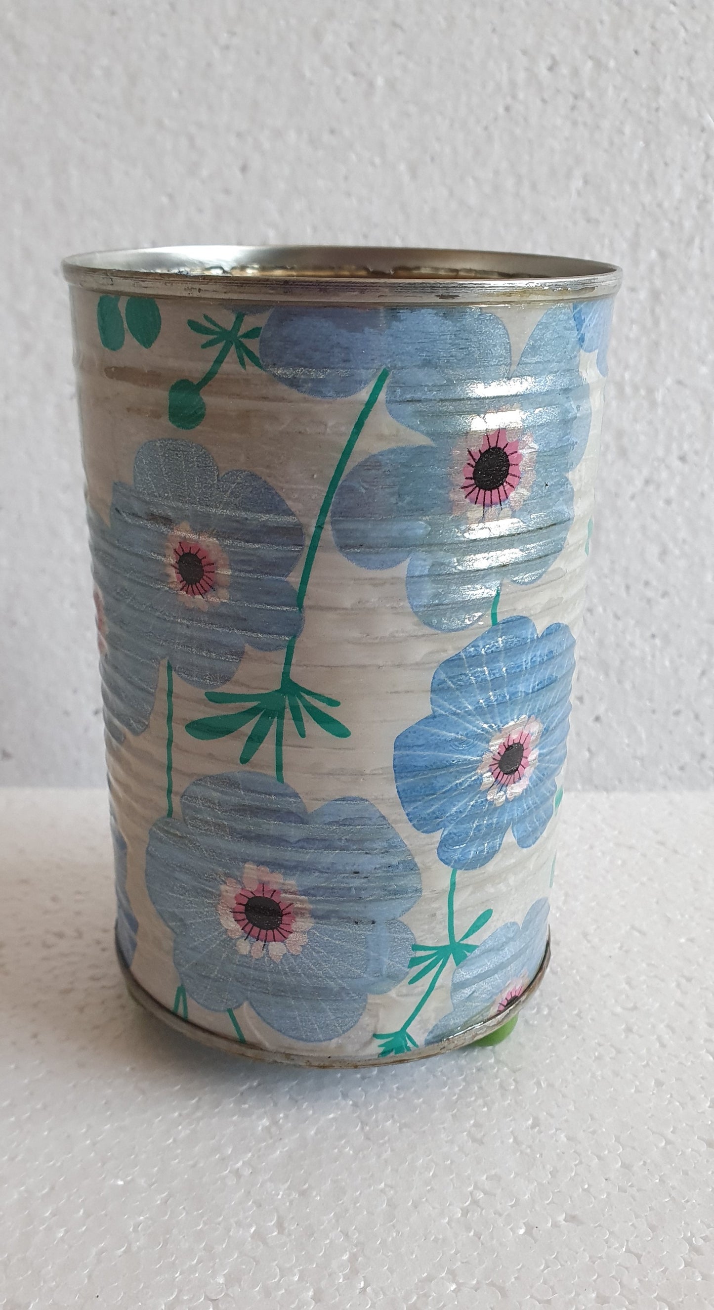 Upcycle Tin Can Desk Tidy Planter Blue White Flower Pattern Decoupage Hand Decorated Home Decor Gift