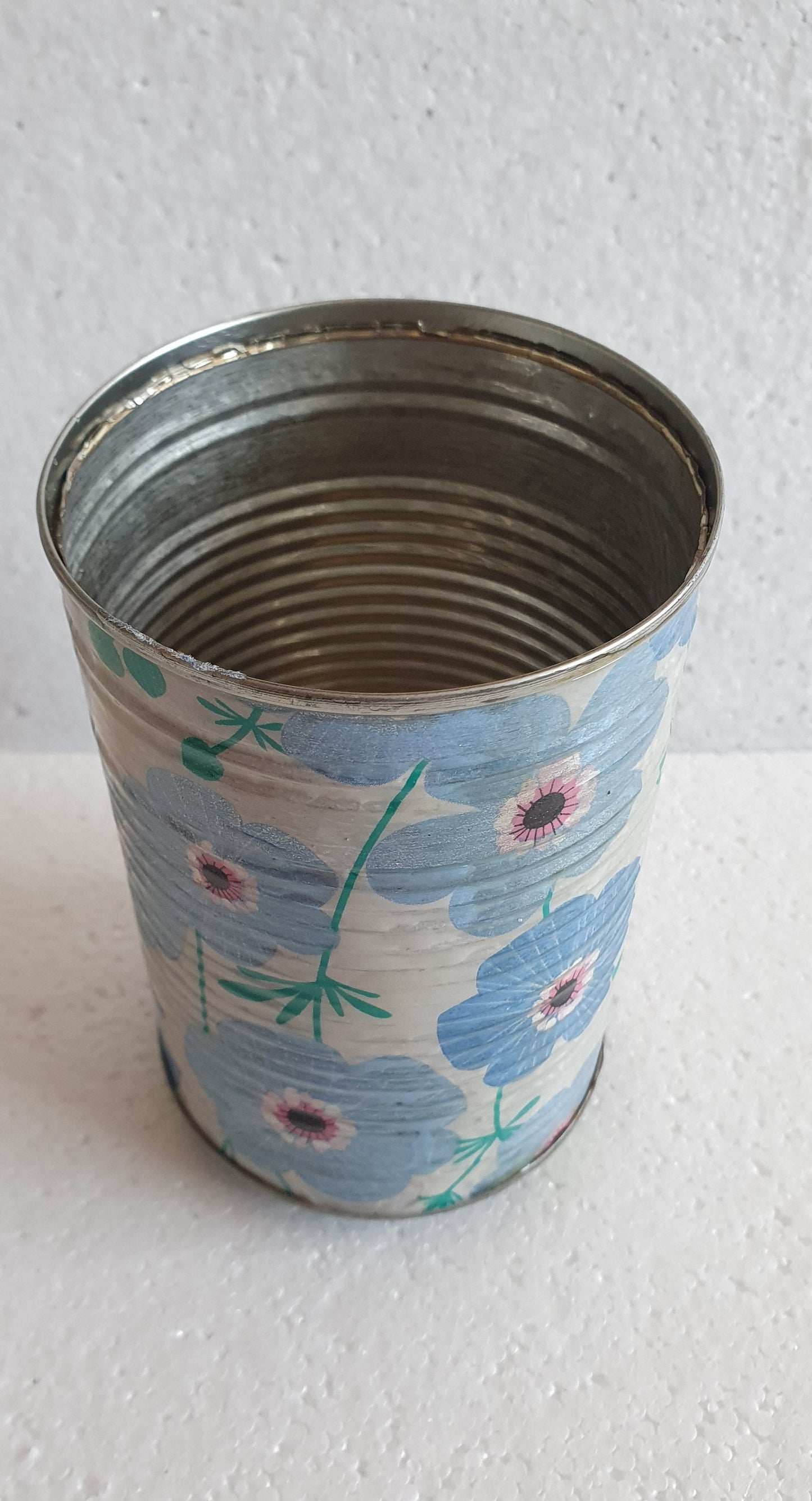 Upcycle Tin Can Desk Tidy Planter Blue White Flower Pattern Decoupage Hand Decorated Home Decor Gift