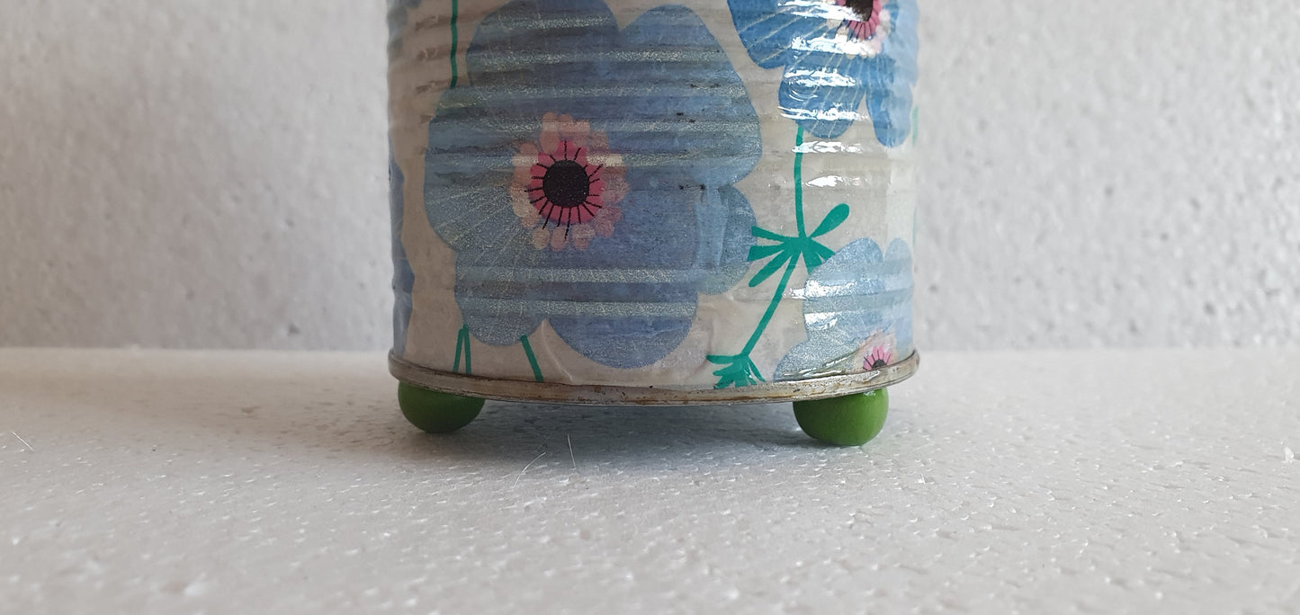 Upcycle Tin Can Desk Tidy Planter Blue White Flower Pattern Decoupage Hand Decorated Home Decor Gift