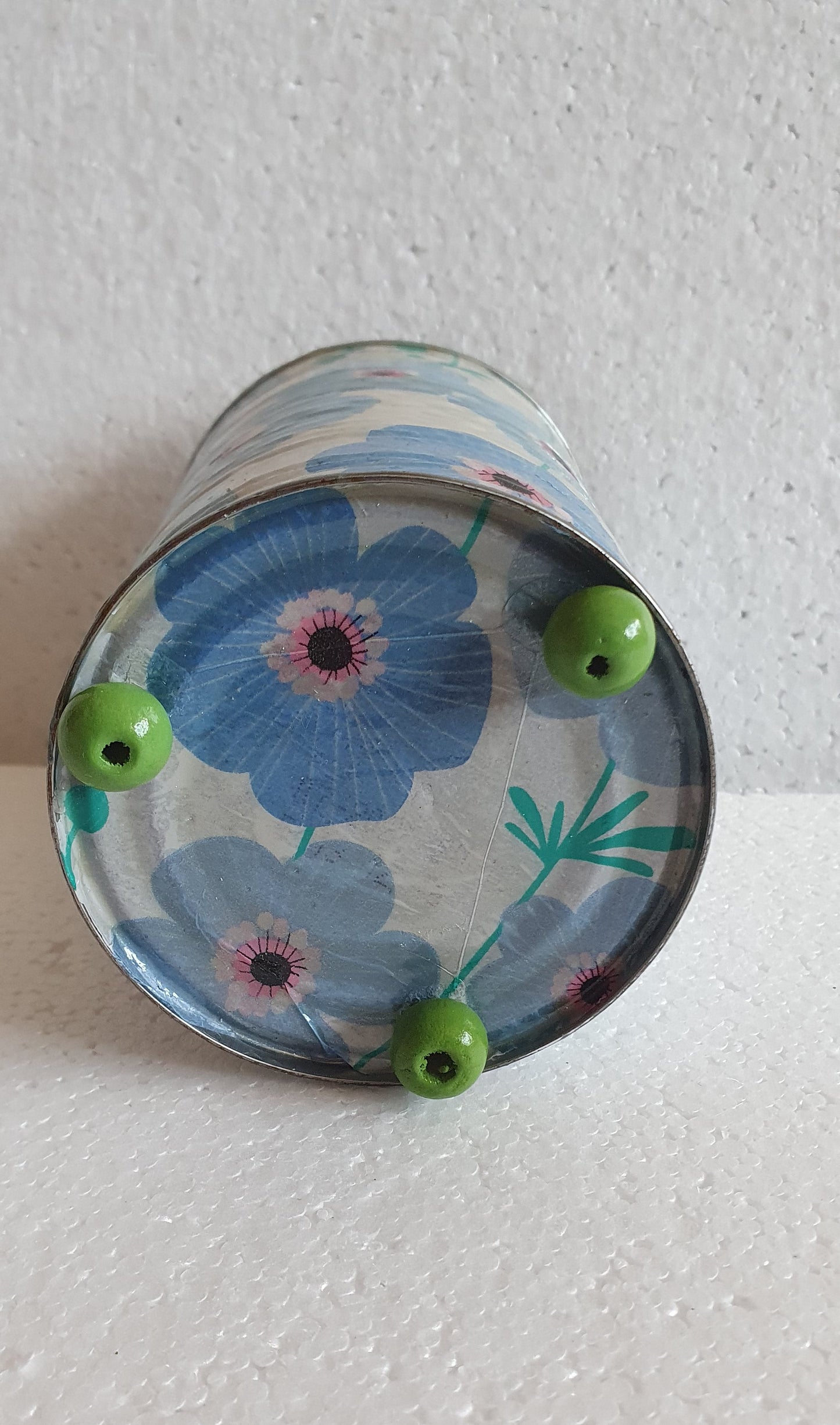 Upcycle Tin Can Desk Tidy Planter Blue White Flower Pattern Decoupage Hand Decorated Home Decor Gift