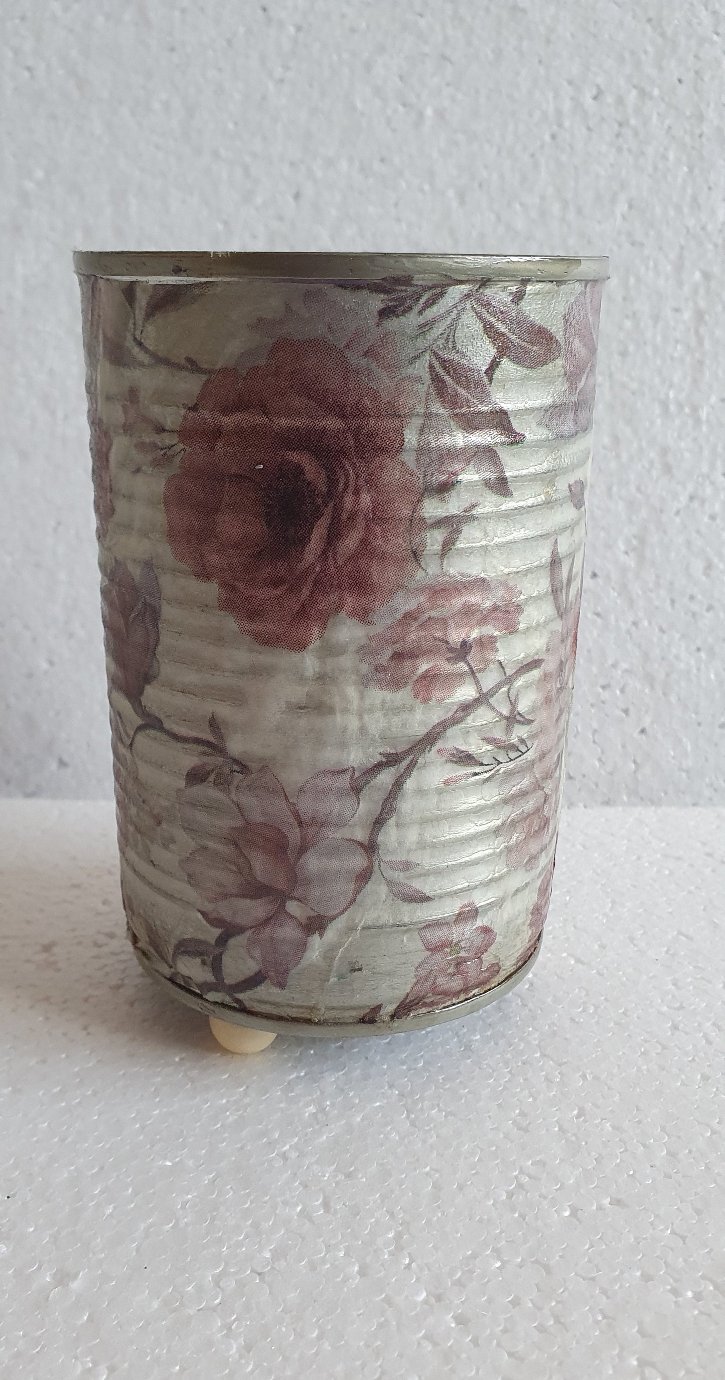 Upcycle Tin Can Desk Tidy Planter Pink White Flower Pattern Decoupage Hand Decorated Home Decor Gift