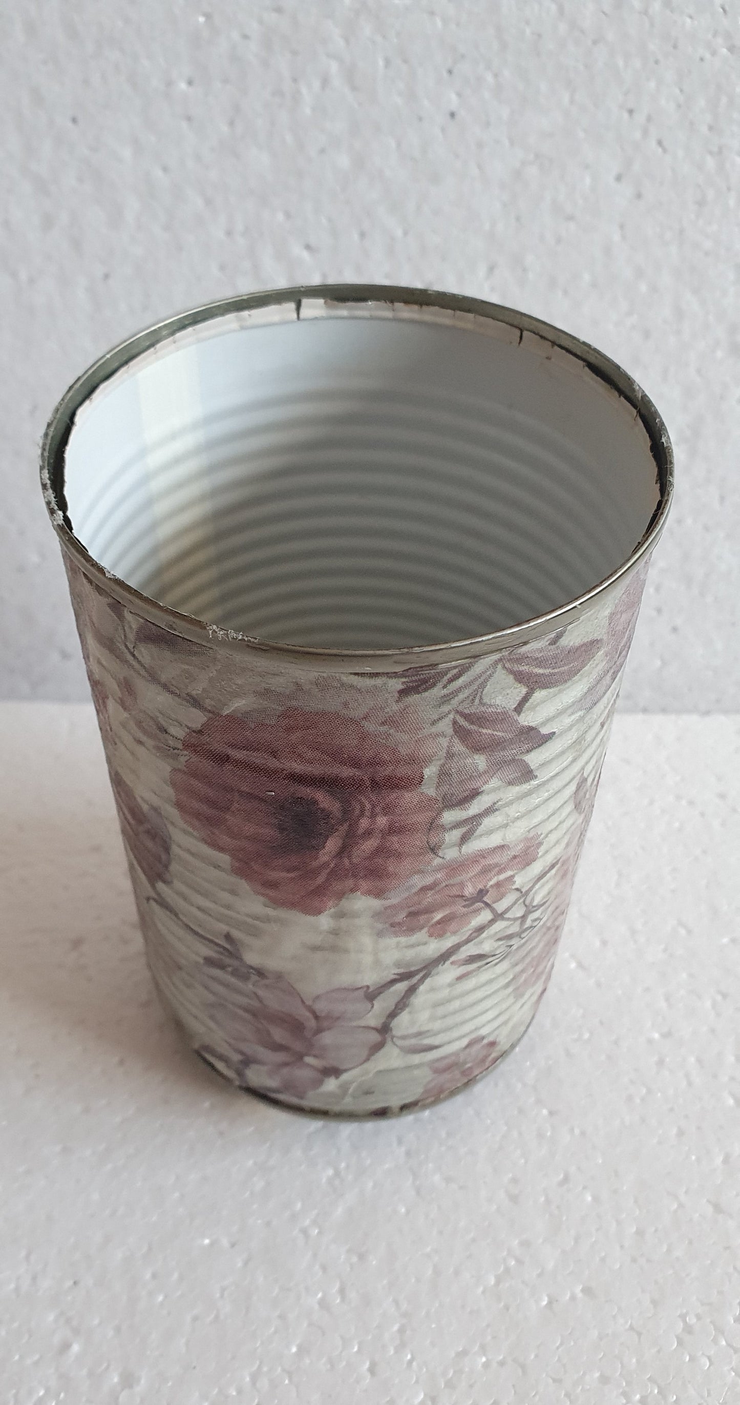 Upcycle Tin Can Desk Tidy Planter Pink White Flower Pattern Decoupage Hand Decorated Home Decor Gift