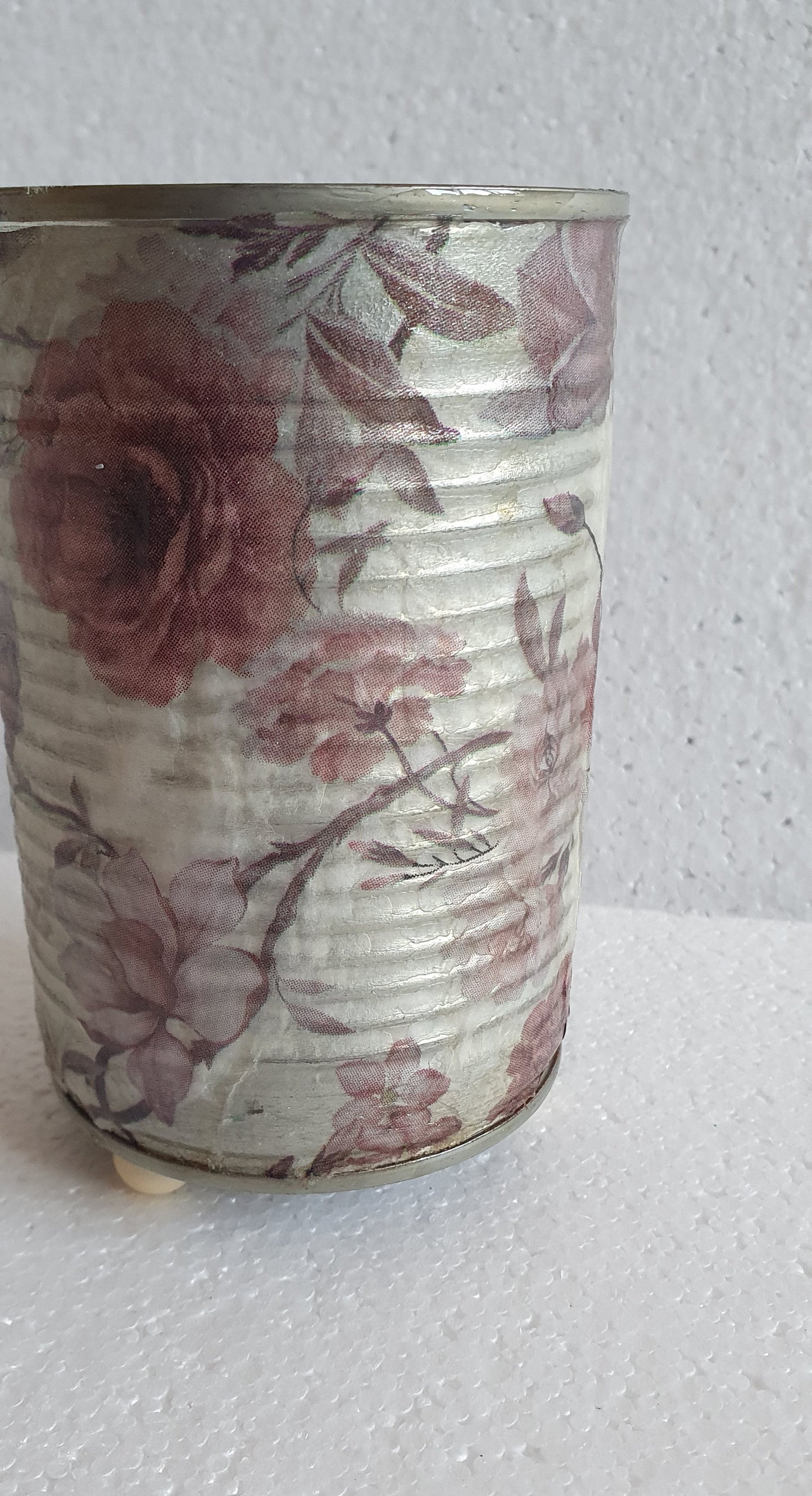 Upcycle Tin Can Desk Tidy Planter Pink White Flower Pattern Decoupage Hand Decorated Home Decor Gift