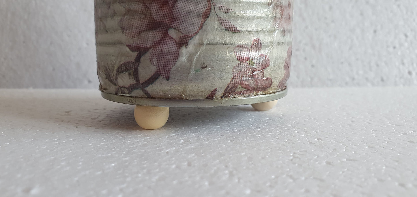 Upcycle Tin Can Desk Tidy Planter Pink White Flower Pattern Decoupage Hand Decorated Home Decor Gift