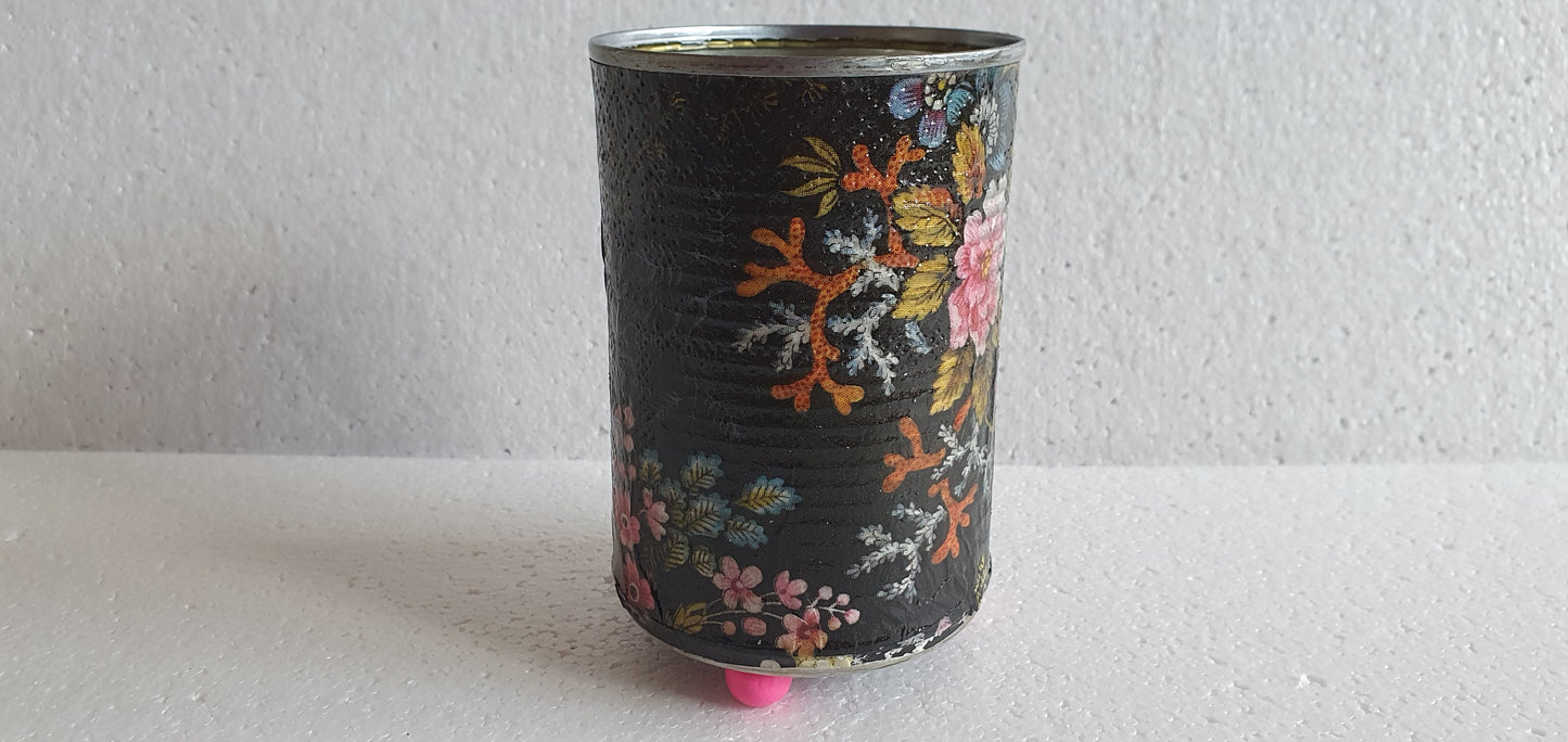 Upcycle Tin Can Desk Tidy Planter Black Pink Marine Flower Pattern Decoupage Hand Decorated Home Decor Gift