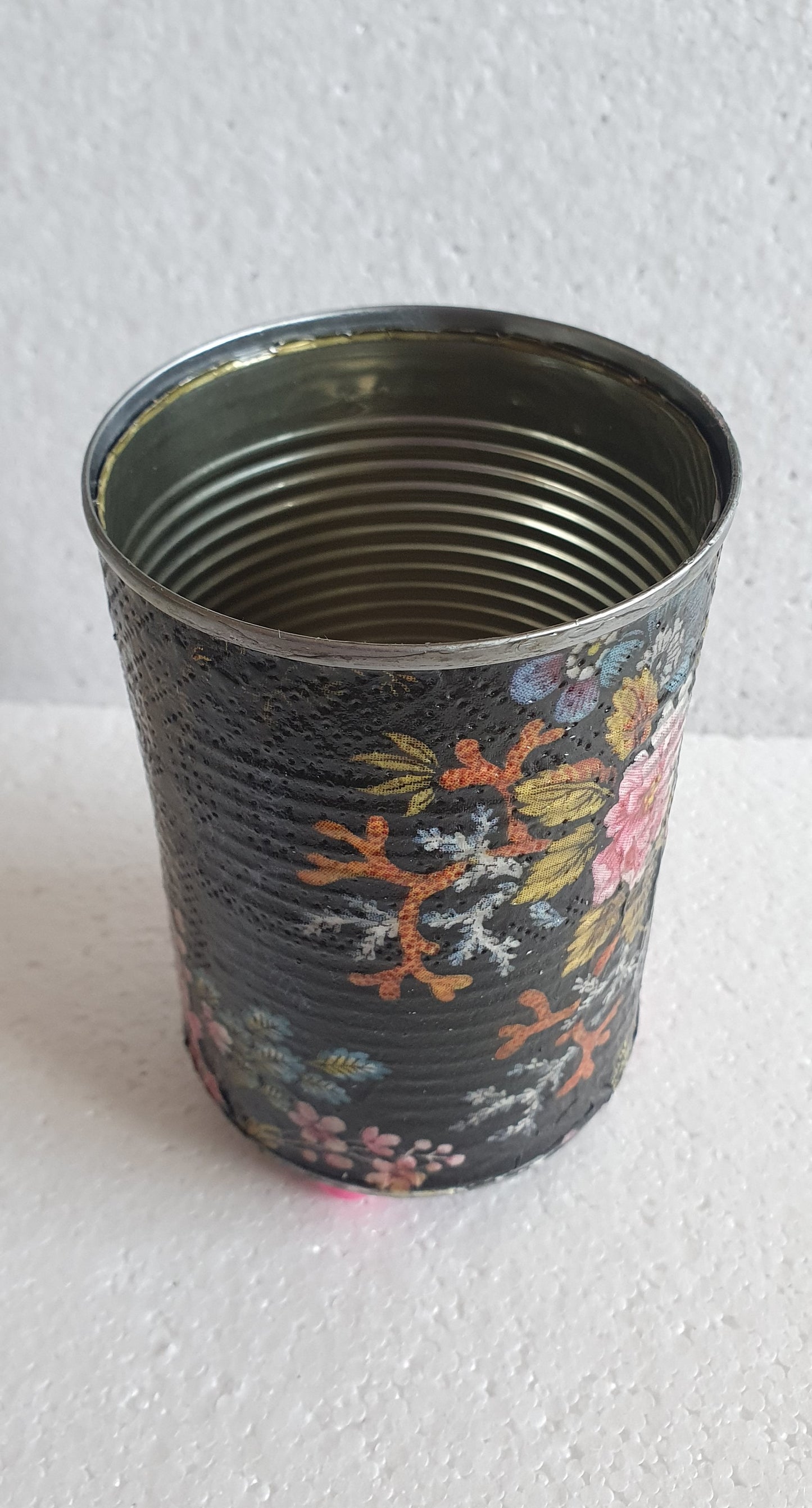 Upcycle Tin Can Desk Tidy Planter Black Pink Marine Flower Pattern Decoupage Hand Decorated Home Decor Gift