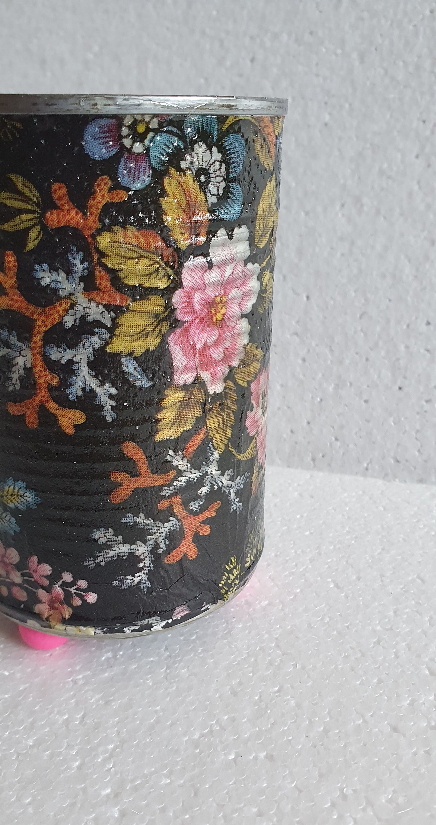 Upcycle Tin Can Desk Tidy Planter Black Pink Marine Flower Pattern Decoupage Hand Decorated Home Decor Gift