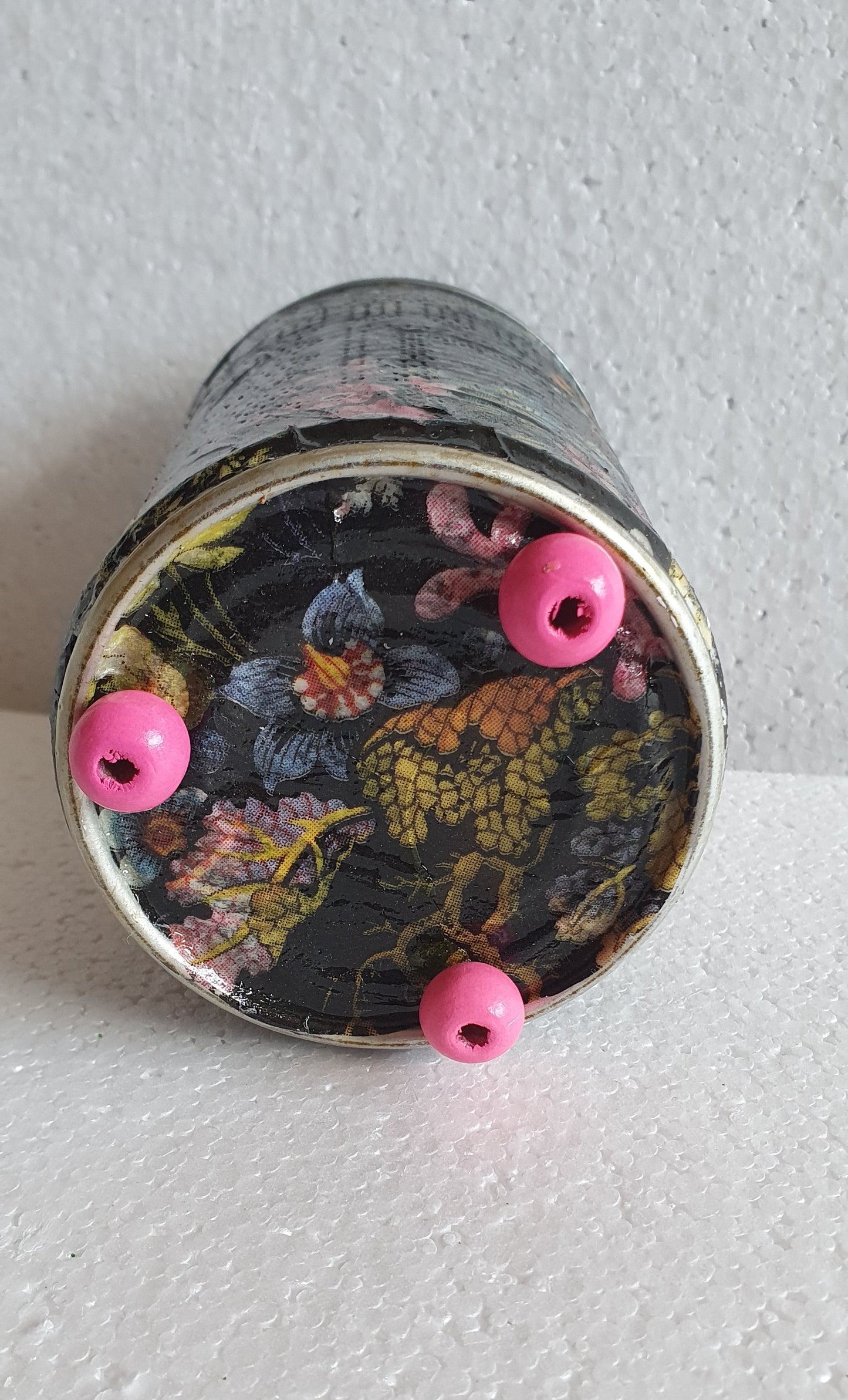 Upcycle Tin Can Desk Tidy Planter Black Pink Marine Flower Pattern Decoupage Hand Decorated Home Decor Gift
