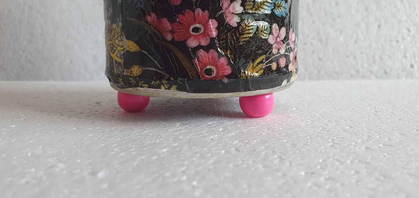 Upcycle Tin Can Desk Tidy Planter Black Pink Marine Flower Pattern Decoupage Hand Decorated Home Decor Gift