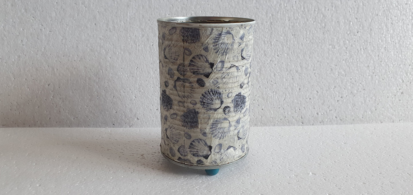 Upcycle Tin Can Desk Tidy Planter Blue Shells Pattern Decoupage Hand Decorated Home Decor Gift