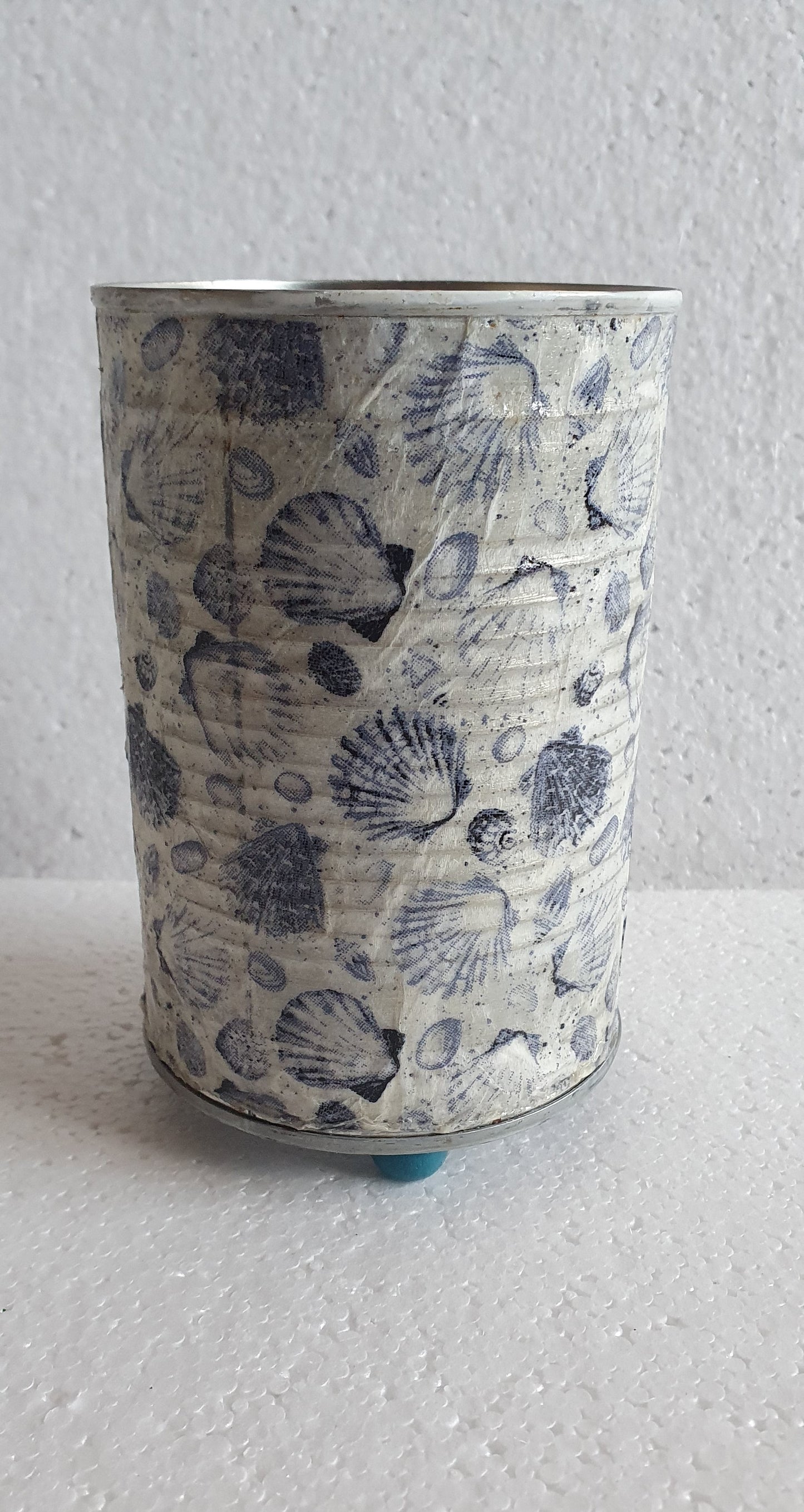 Upcycle Tin Can Desk Tidy Planter Blue Shells Pattern Decoupage Hand Decorated Home Decor Gift