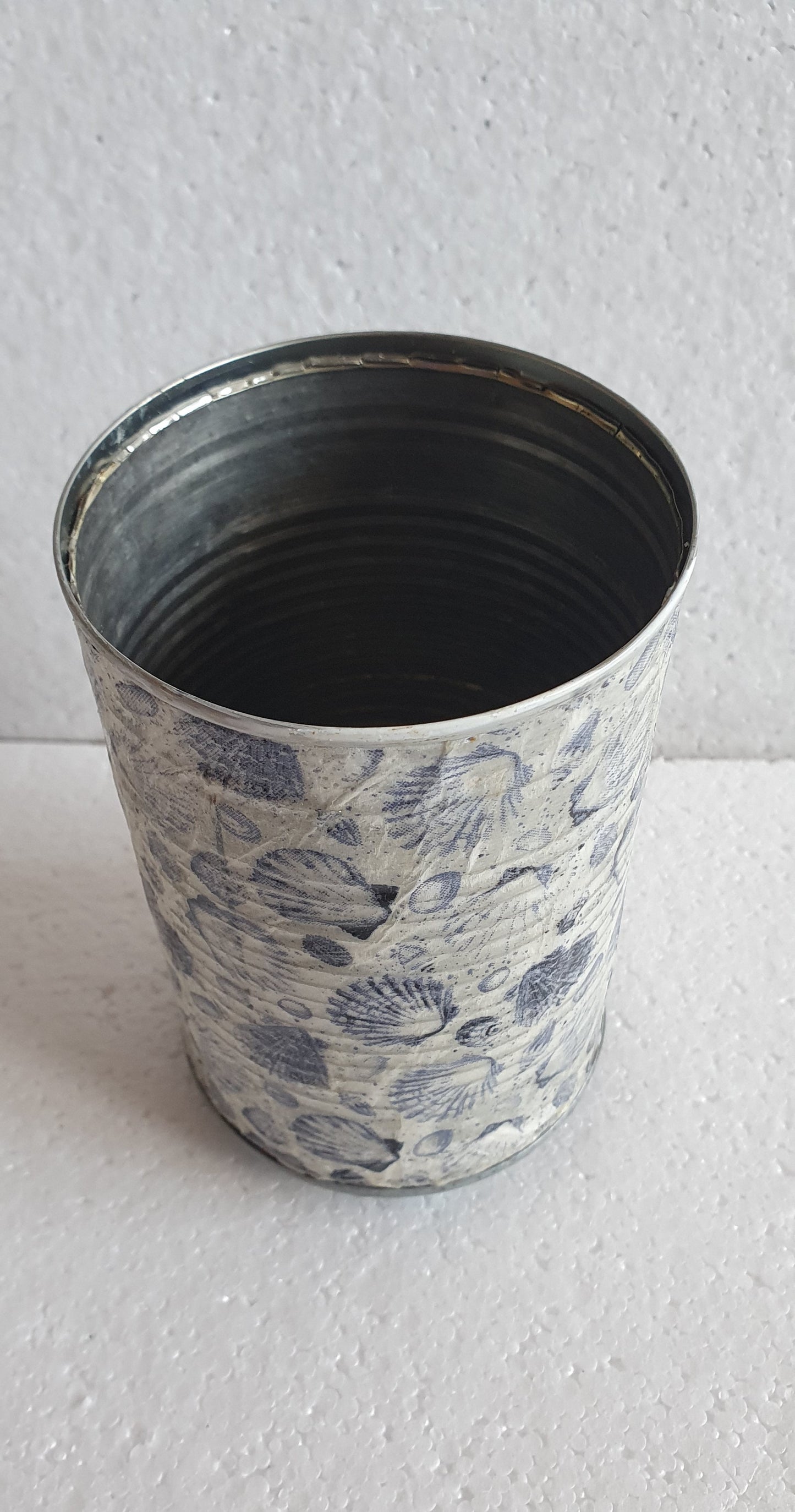 Upcycle Tin Can Desk Tidy Planter Blue Shells Pattern Decoupage Hand Decorated Home Decor Gift