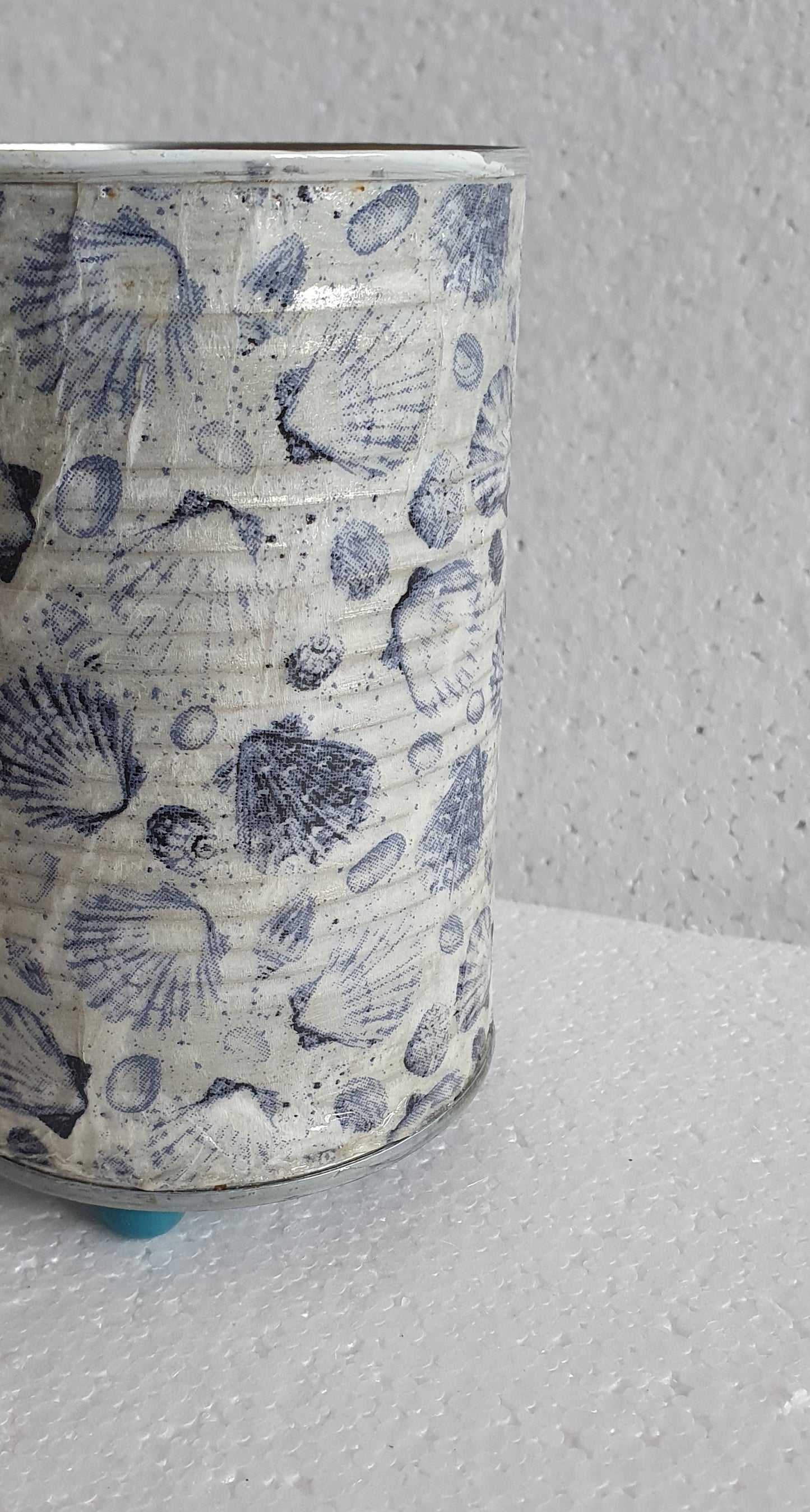 Upcycle Tin Can Desk Tidy Planter Blue Shells Pattern Decoupage Hand Decorated Home Decor Gift
