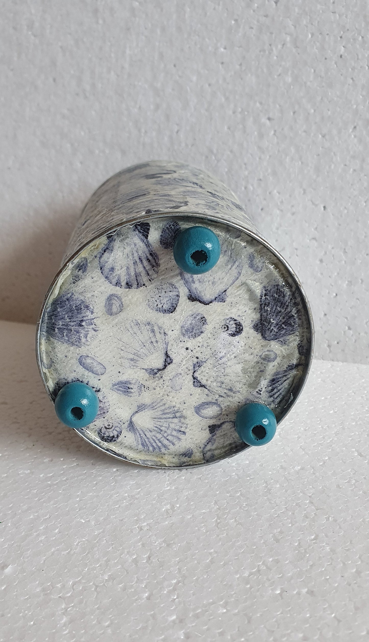 Upcycle Tin Can Desk Tidy Planter Blue Shells Pattern Decoupage Hand Decorated Home Decor Gift