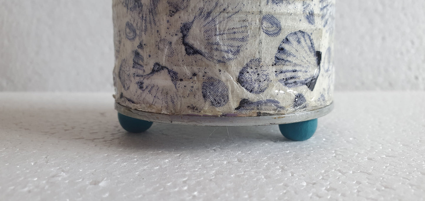 Upcycle Tin Can Desk Tidy Planter Blue Shells Pattern Decoupage Hand Decorated Home Decor Gift