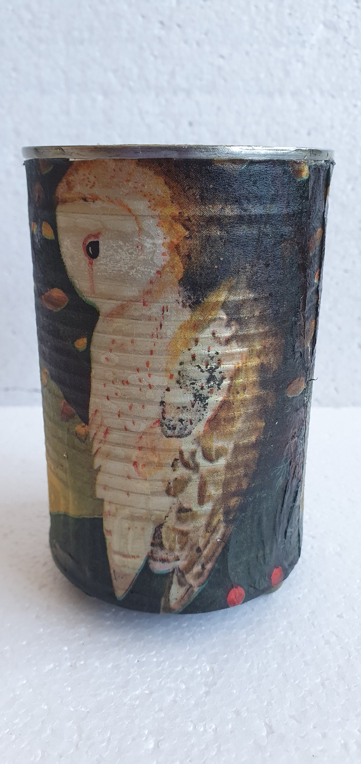 Upcycle Tin Can Desk Tidy Planter Autumn Barn Owl Pattern Decoupage Hand Decorated Home Decor Gift