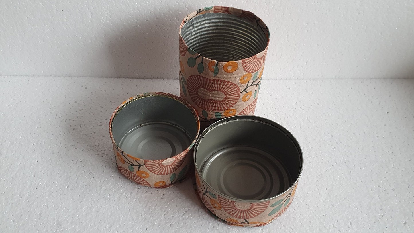 Upcycle Tin Can Desk Tidy Set Of Three Retro Brown Pattern Decoupage Hand Decorated Home Decor Gift