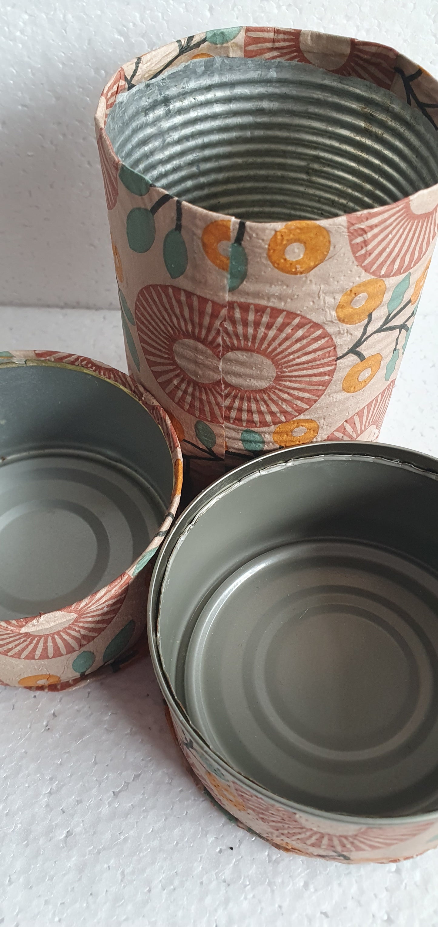 Upcycle Tin Can Desk Tidy Set Of Three Retro Brown Pattern Decoupage Hand Decorated Home Decor Gift