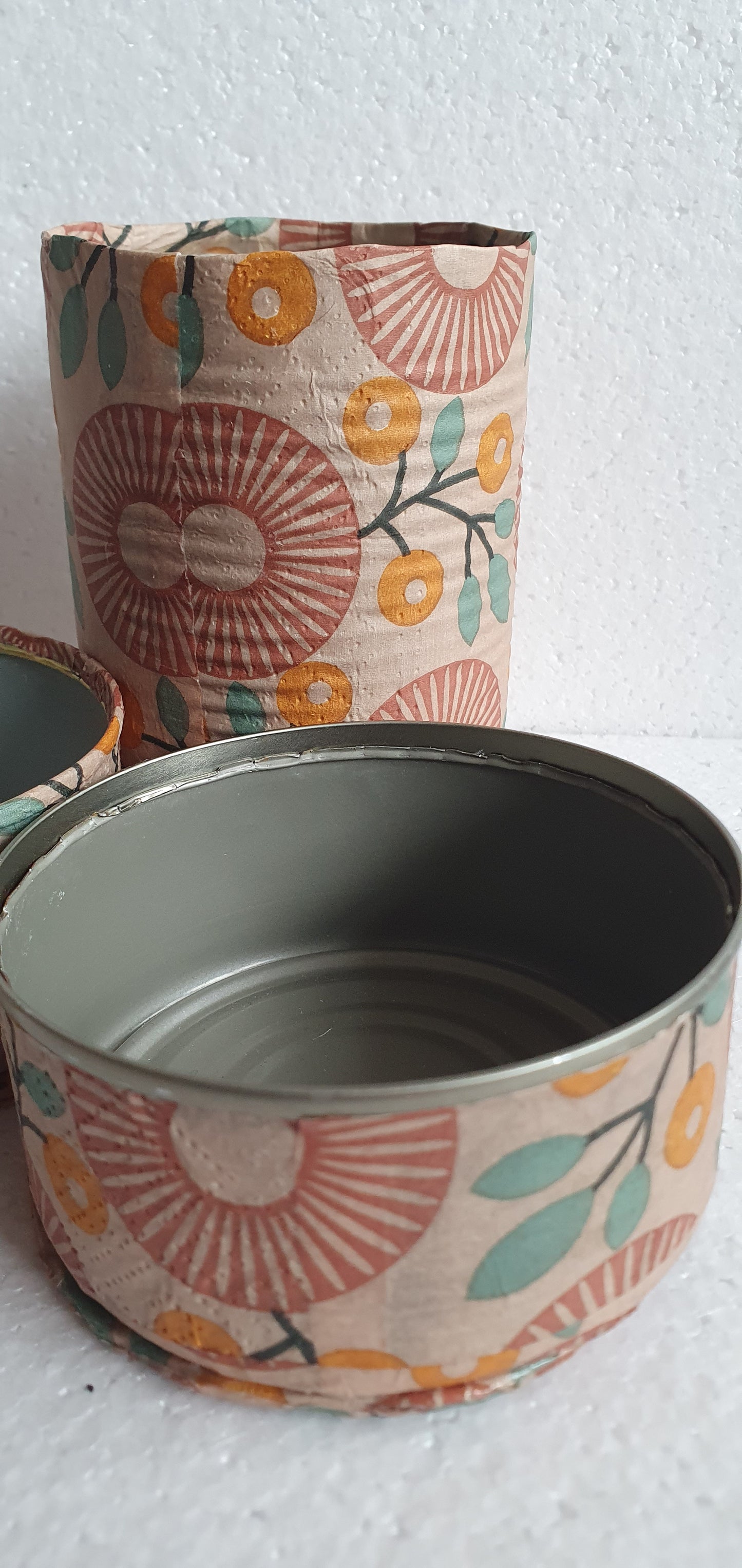 Upcycle Tin Can Desk Tidy Set Of Three Retro Brown Pattern Decoupage Hand Decorated Home Decor Gift