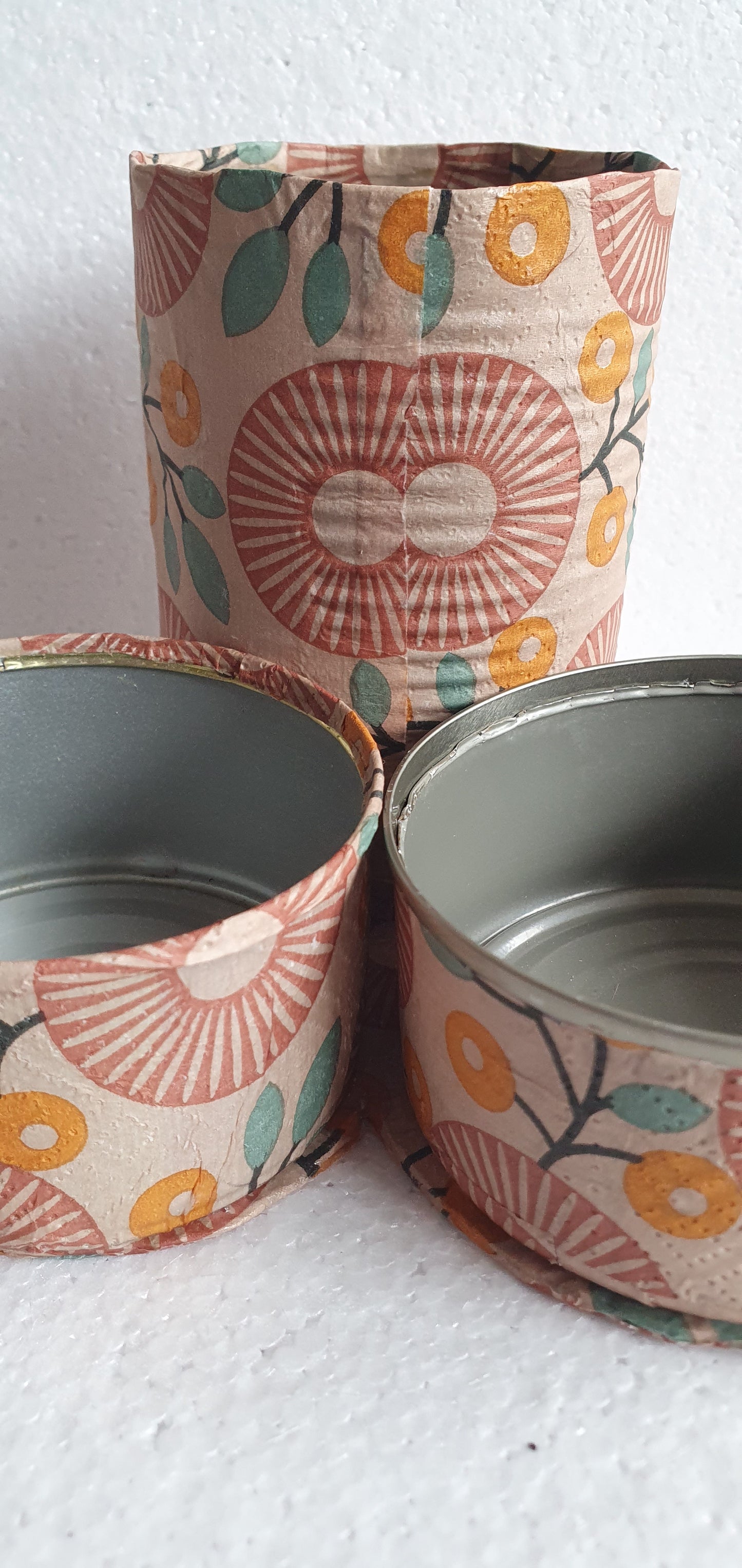 Upcycle Tin Can Desk Tidy Set Of Three Retro Brown Pattern Decoupage Hand Decorated Home Decor Gift