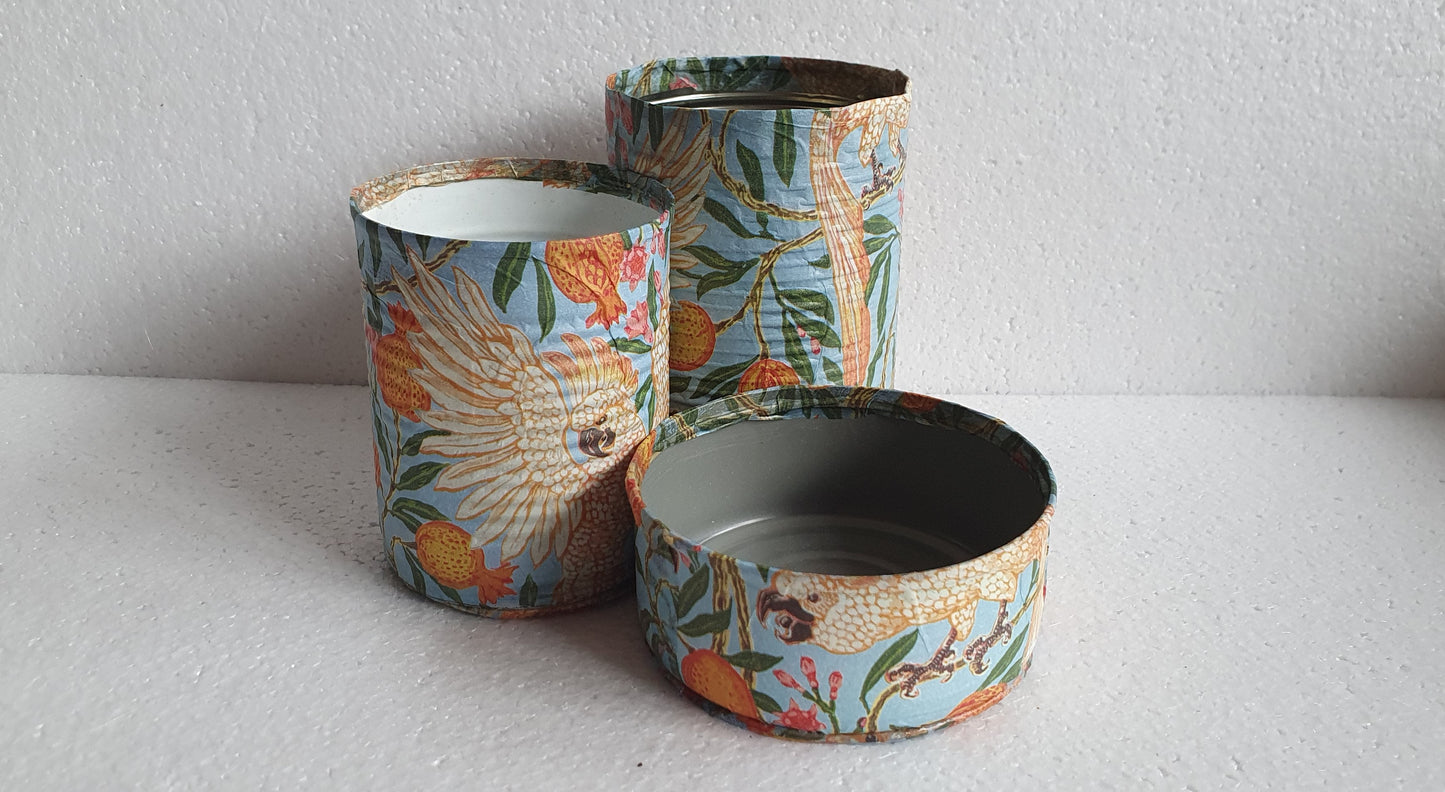 Upcycle Tin Can Desk Tidy Set Of Three Cockatoo Orange Blue Pattern Decoupage Hand Decorated Home Decor Gift