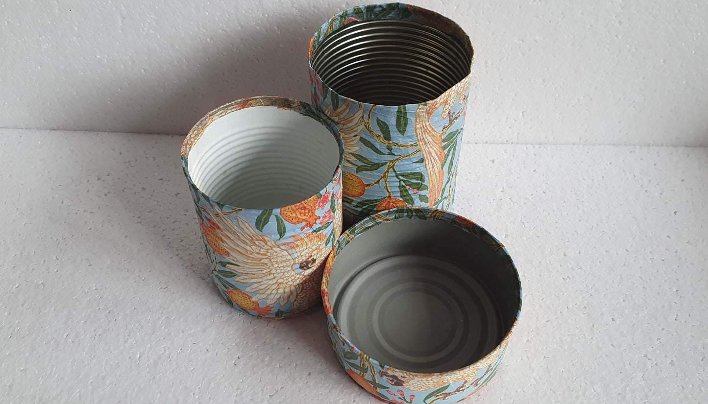 Upcycle Tin Can Desk Tidy Set Of Three Cockatoo Orange Blue Pattern Decoupage Hand Decorated Home Decor Gift