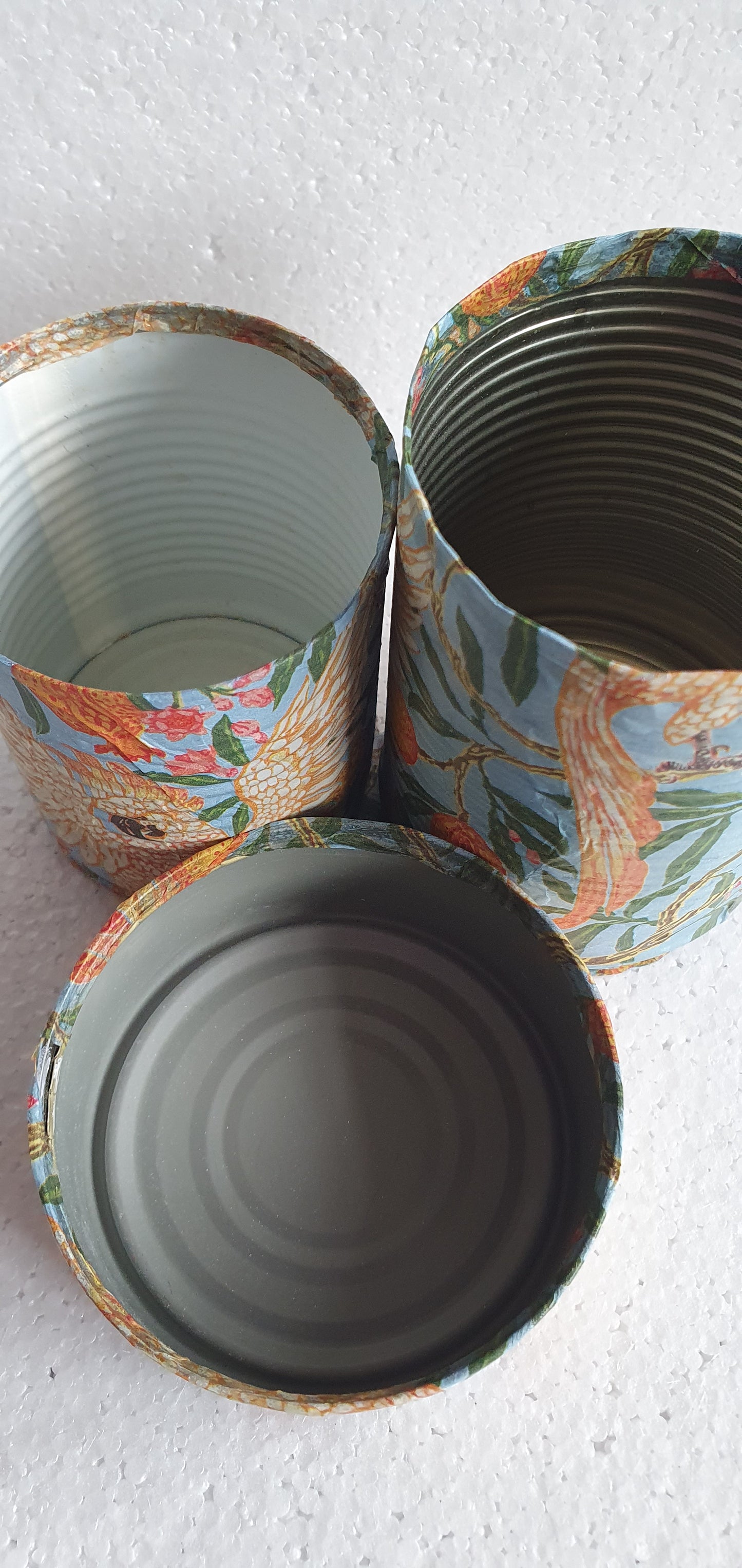 Upcycle Tin Can Desk Tidy Set Of Three Cockatoo Orange Blue Pattern Decoupage Hand Decorated Home Decor Gift